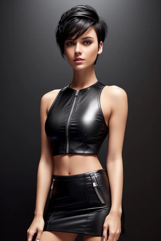 Gorgeous european woman with short hair, short hair in a ponytail wet hair, hair slicked back, combed straight back, slick hair, black gradient hair, wearing an unzipped crop top and mini skirt, cleavage, solid dark grey background