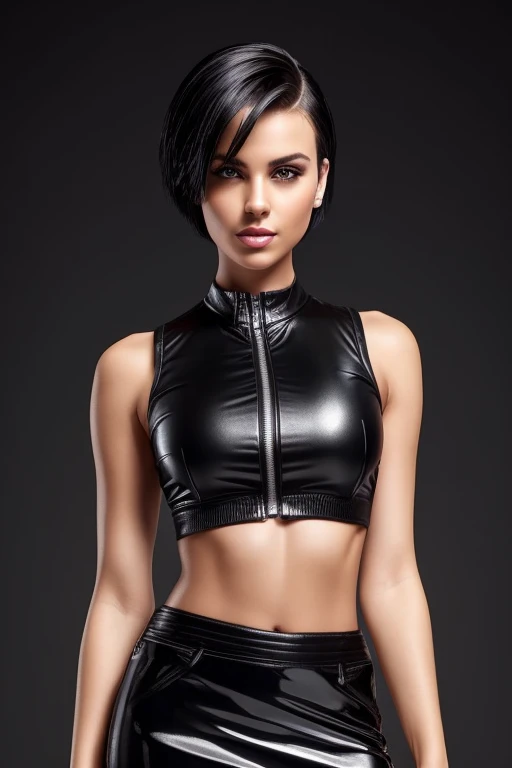 Gorgeous european woman with short hair, short hair with a fringe, wet hair, hair slicked back, combed straight back, slick hair, black gradient hair, wearing an unzipped crop top and mini skirt, cleavage, solid dark grey background
