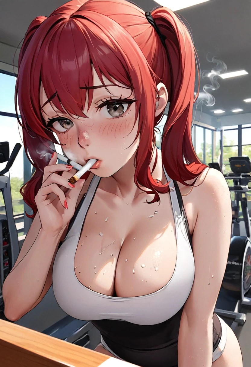 a school girl smoking cigarettes rapidly while masturbating, the cigarette ash is growing very long, the cigarette ash is very long, sucking very hard on the cigarette, gym girl, pain, agony, busty, very skinny, pigtails, red hair, freckles, ash everywhere, lots of cigarette smoke, 