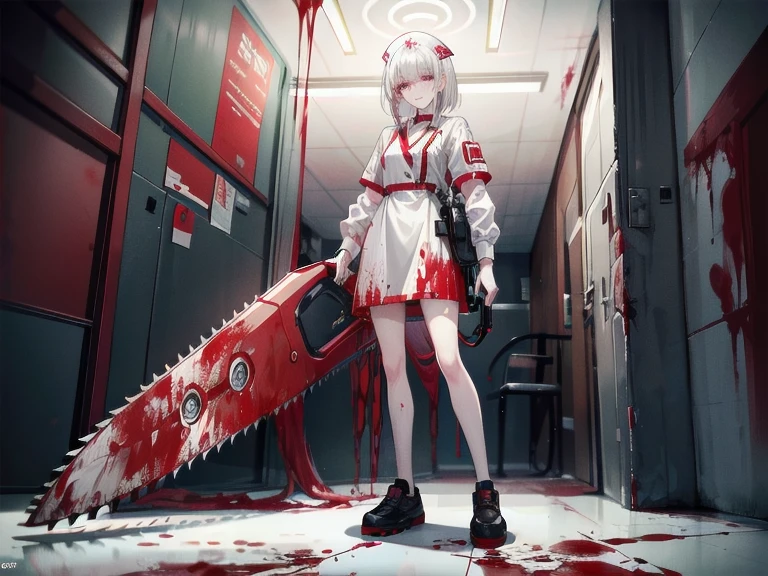 ((Blood)), ((Blood splatter)), ((Blood on clothes)), ((Blood stain)), hospital, ((Nurse uniform)), ((Has a chainsaw)), Absurd, RAW Photos, Very delicate and beautiful, masterpiece, highest quality, Ultra-high resolution, 32k, Surreal, Super detailed, Detailed Description, Pale skin, 20-year-old, Tearful mole, Earrings, huge , Short Medium Hair, Wavy Hair, Wicked Smile, Full Body Shot,