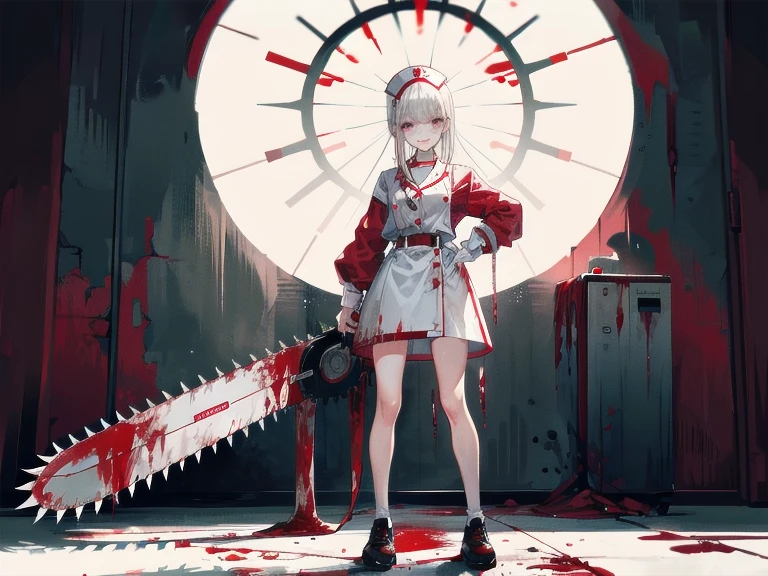 ((Blood)), ((Blood splatter)), ((Blood on clothes)), ((Blood stain)), hospital, ((Nurse uniform)), ((Has a chainsaw)), Absurd, RAW Photos, Very delicate and beautiful, masterpiece, highest quality, Ultra-high resolution, 32k, Surreal, Super detailed, Detailed Description, Pale skin, 20-year-old, Tearful mole, Earrings, huge , Short Medium Hair, Wavy Hair, Wicked Smile, Full Body Shot,