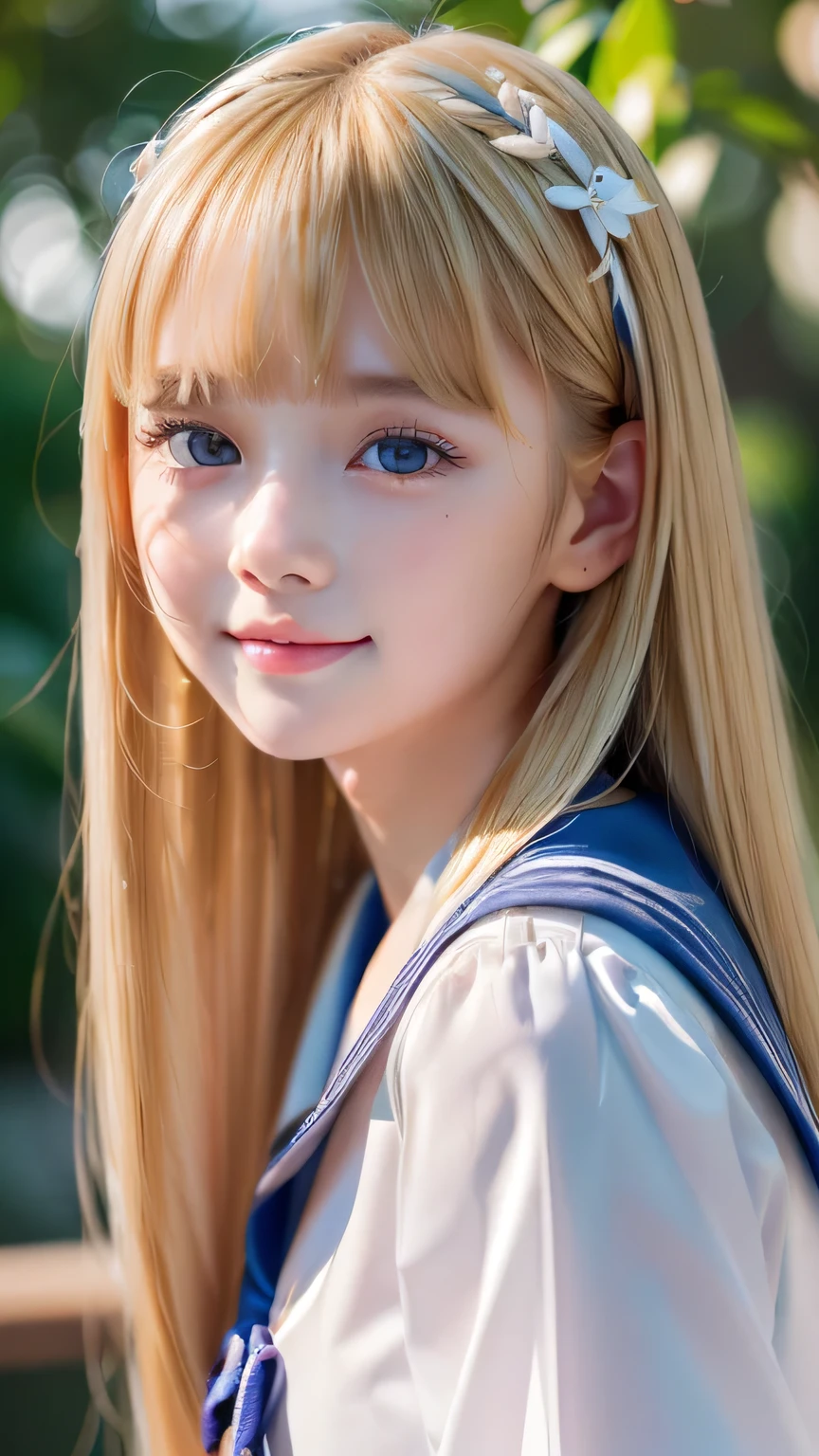 RAW Photos、((((Extremely beautiful portrait)))、(((Bright and fair skin))、1 girl、、Sailor suit、A beautiful -yeld giwith bright blonde hair、((Glossy, natural, bright blonde))、Super long straight hair、Beautiful Bangs、[Attractive, large, light blue eyes]、Smooth, thin and super long hair、Eyeliner、Hair between the eyes、smile、((masterpiece、最high quality、Ultra Detail、Film Light、Intricate details、High resolution、8k、Very detailed))、Detailed Background、8k UHD、Digital SLR、Soft Light、high quality、Film Grain、Fujifilm XT3、Shallow depth of field、Natural light、(Perfect hands)、Perfect beautiful face、Small Face Beauty、round face、Cheek gloss highlighter