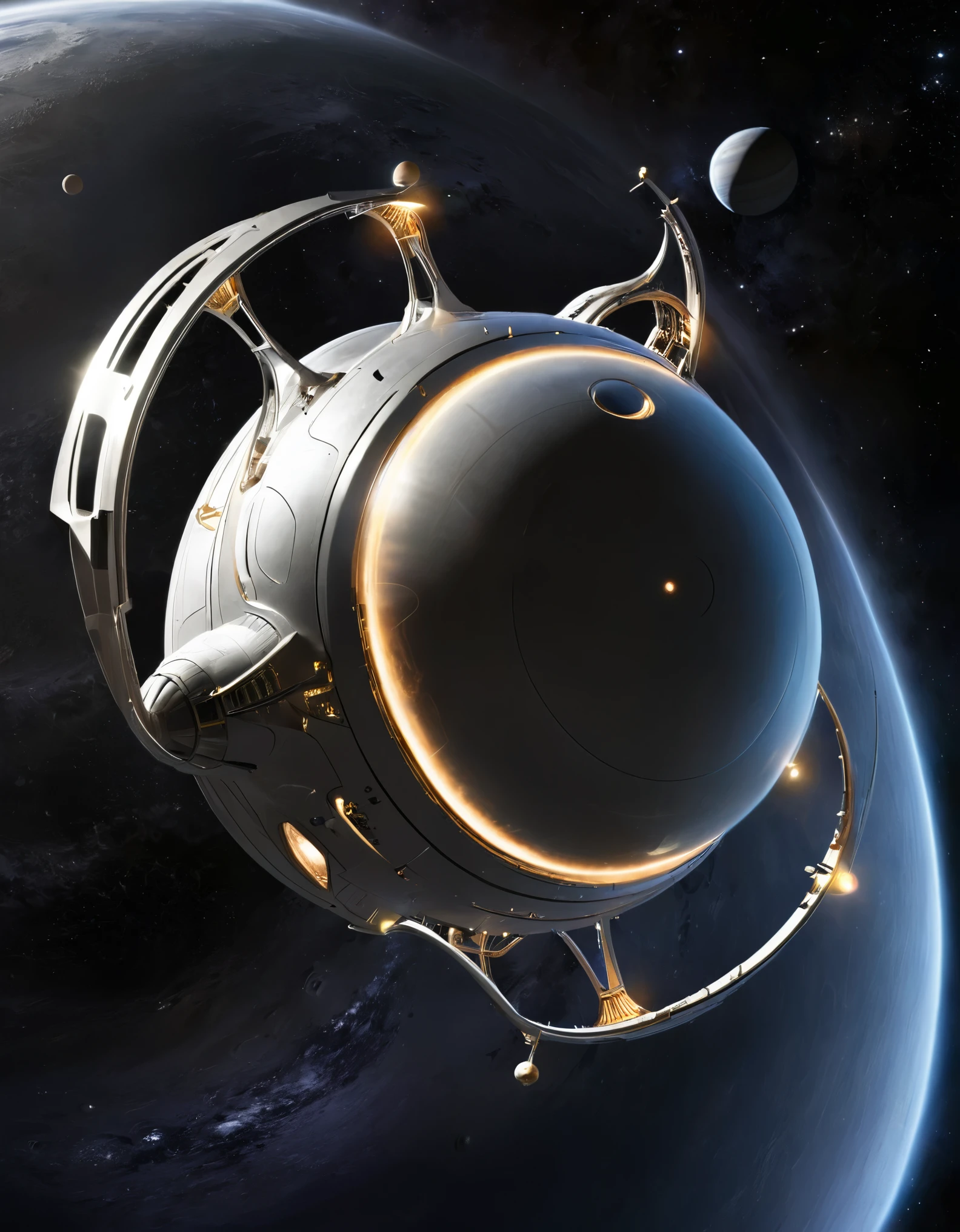 Create an image of a sleek, futuristic spacecraft traveling through outer space. The spacecraft should have a streamlined design with a smooth, metallic silver surface. The ship's body is elongated and curved, with two large, looped structures extending from the rear, giving it an aerodynamic and advanced appearance. The front of the spacecraft is pointed and features a well-defined cockpit area with subtle lighting. The background is the vastness of space, filled with tiny distant stars and a faint glow suggesting a nearby star or galaxy. The overall scene should evoke a sense of advanced technology and exploration.