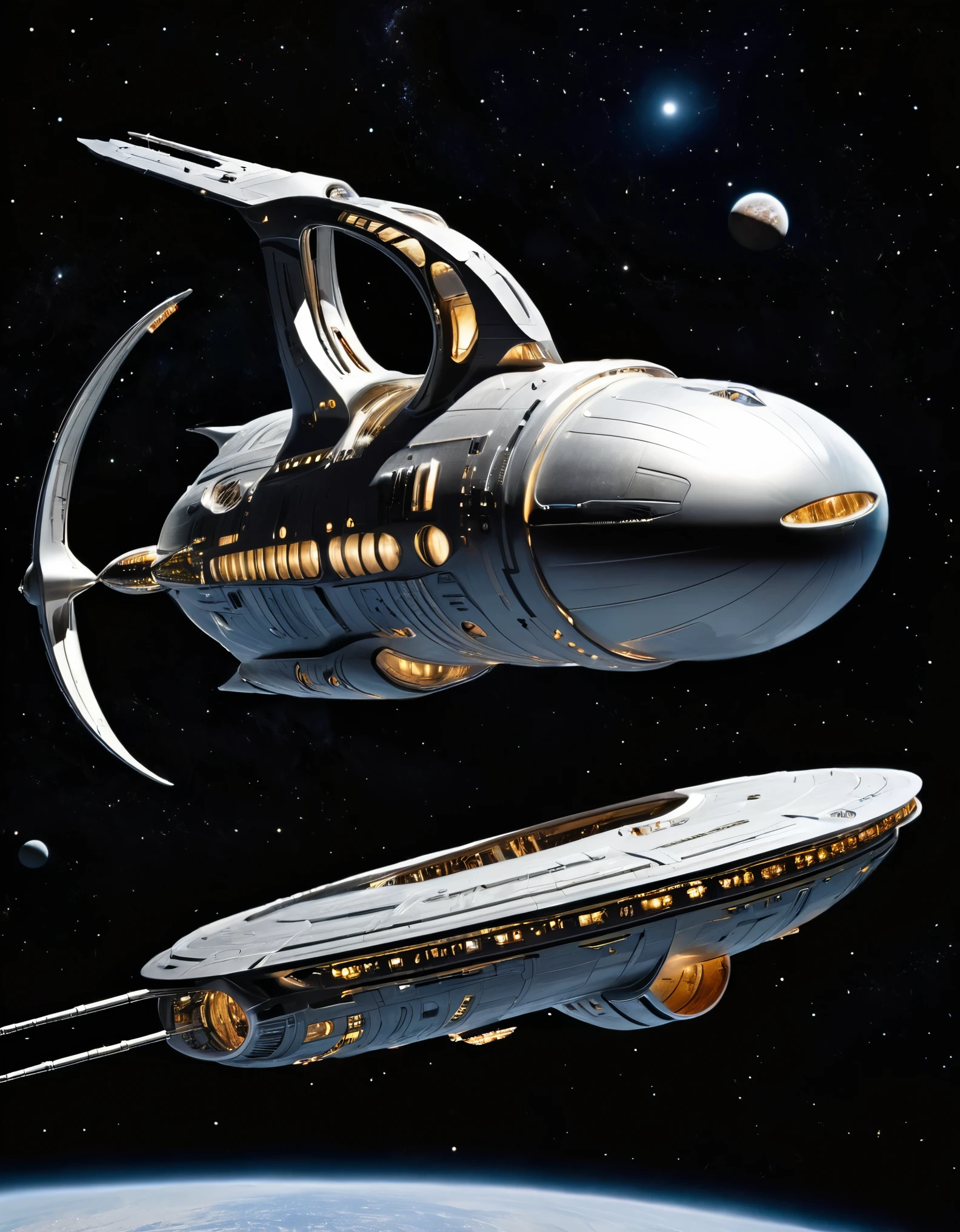 Create an image of a sleek, futuristic spacecraft traveling through outer space. The spacecraft should have a streamlined design with a smooth, metallic silver surface. The ship's body is elongated and curved, with two large, looped structures extending from the rear, giving it an aerodynamic and advanced appearance. The front of the spacecraft is pointed and features a well-defined cockpit area with subtle lighting. The background is the vastness of space, filled with tiny distant stars and a faint glow suggesting a nearby star or galaxy. The overall scene should evoke a sense of advanced technology and exploration.