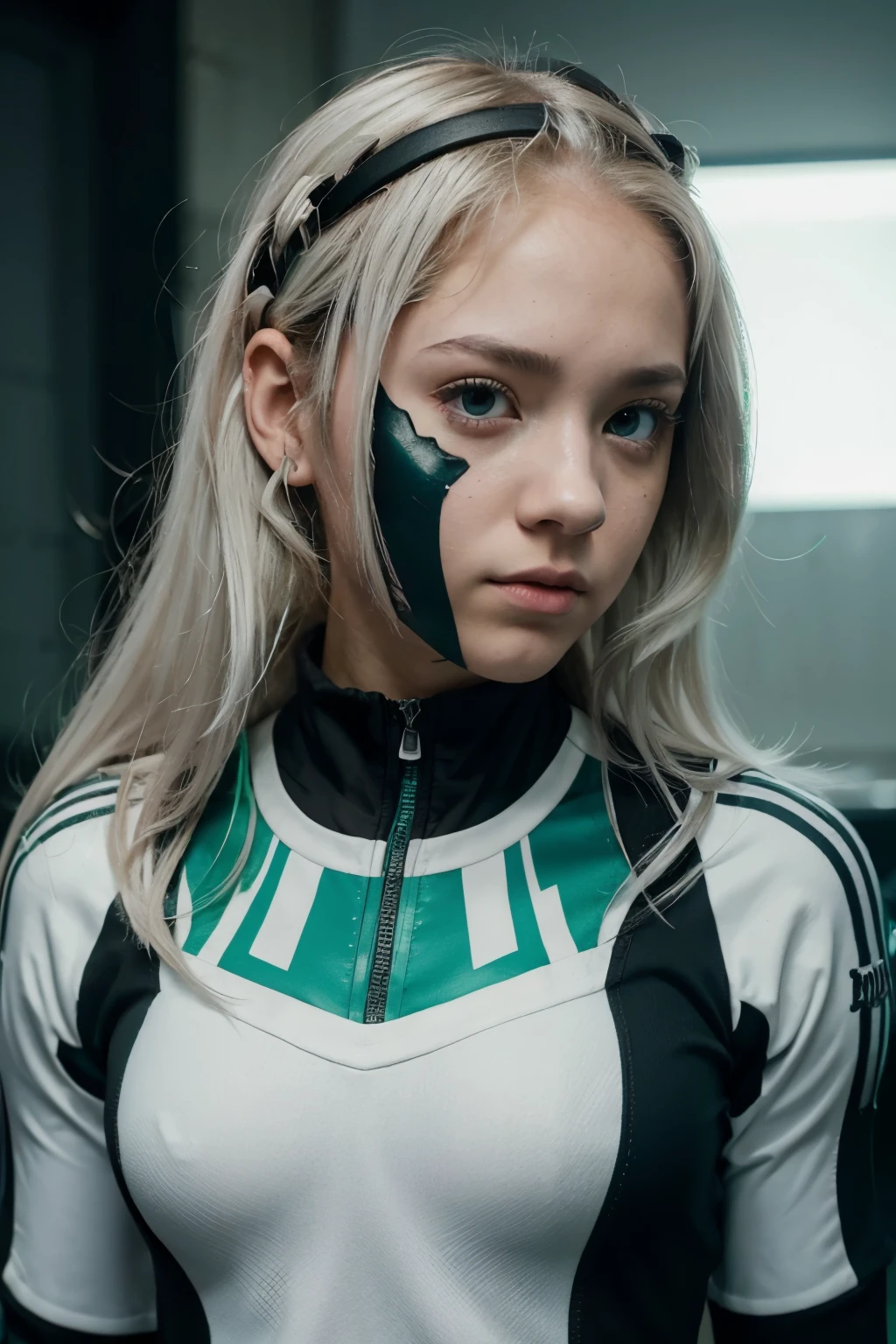 Captura de Boku no hero academia de una chica adolescente con albinismo de ojos completamente blancos y cabello color blanco, Wears a black hero suit with neon green details and steel accessories.