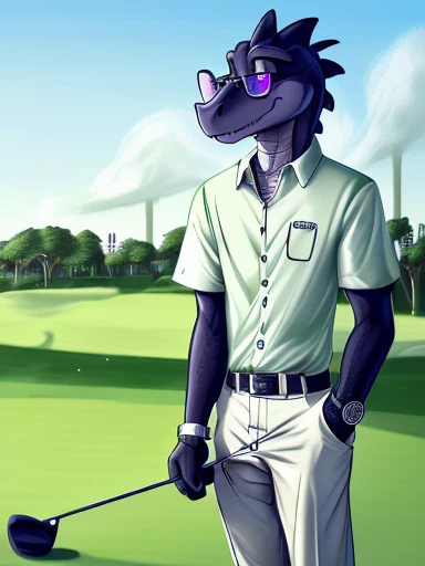 ((((female with David a green and white anthropomorphic male lizard with black glasses wearing a white button up shirt and tan pants and has a fancy watch Playing golf outside in a golf park in a sunny day Digital cartoon, digital artwork, 2D artwork Solo,Dragon lizard crocodile,Skinny figure,Handsome model, green scales,Smoky purple pupils,David a green and white anthropomorphic male lizard with black glasses wearing a white button up shirt and tan pants and has a fancy watch Playing golf outside in a golf park in a sunny day