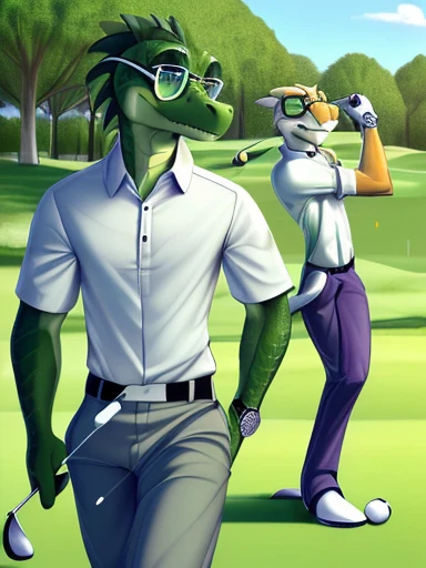 ((((female with David a green and white anthropomorphic male lizard with black glasses wearing a white button up shirt and tan pants and has a fancy watch Playing golf outside in a golf park in a sunny day Digital cartoon, digital artwork, 2D artwork Solo,Dragon lizard crocodile,Skinny figure,Handsome model, green scales,Smoky purple pupils,David a green and white anthropomorphic male lizard with black glasses wearing a white button up shirt and tan pants and has a fancy watch Playing golf outside in a golf park in a sunny day