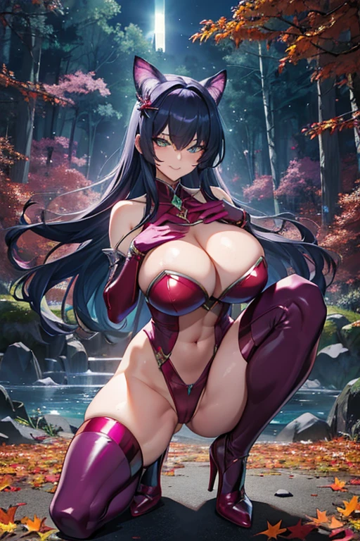 Realistic:1.2),(Attractive lighting:1.2),(Detailed face),(masterpiece),(highest quality),(Super detailed),(4K, 8k, 16k, High resolution),
(One girl),(High resolution),(Beautiful green eyes,),very shiny 肌,Shiny body,plastic glitter 肌,exaggerated shiny 肌,illuminated skin,
(Asagi),Taimanin,One girl,Perfect beautiful face,((Perfect female body, Tight waist)),
Adult mature body,An athletic body, Muscular,visible muscles,Firm Abdomen,
Long Hair, bangs, Hair between the eyes,(Huge breasts, Glamour:1.1),((Huge hips:1.3)),Cleavage,Long legs,Cleavage,erotic,Bold,
Invisible Light, Amazing shine, neon blue glow, The colors of another world,Bright colors,
nsfw, bewitching pose,
Asagi衣装,Detailed shiny purple bodysuit,Revealing clothing,Exposing shoulders,Purple gloves,Purple High Heels,Fishnet tights,Arrogant look, Domineering smile,night,Japanese style,old,Shineオーラ,moon,star,Red shiny edges,water surface,autumn,Maple,Red butterfly,in the forest,Emitting an aura,Shine,fine particles of light,on one knee, spread legs, open legs, spread her vagina,