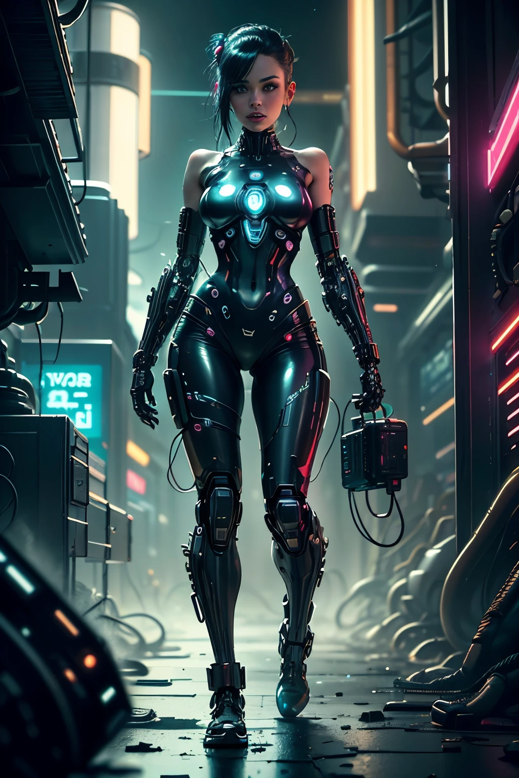 Cyberwoman Hole in Cyberpunk City of the Future々and cyberpunk women, with a full body on display, is depicted in a futuristic cyberpunk city. His eyes sparkle with intense neon, reflecting the cityscape filled with dystopian skyscrapers, holographic advertisements and flying vehicles amid a night sky lit by vibrant neons. The cybernetic woman sports a shiny metallic skin, covered in intricate cybernetic details and circuit tattoos. His posture is confident、Challenging