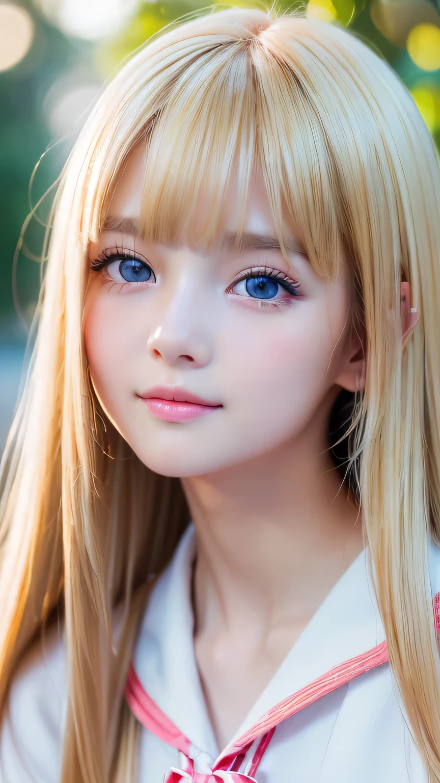 RAW Photos、((((Extremely beautiful portrait)))、(((Bright and fair skin))、1 girl、、Sailor suit、A beautiful 15-year-old girl with bright blonde hair、((Glossy, natural, bright blonde))、Super long straight hair、Beautiful Bangs、[Attractive, large, light blue eyes]、Smooth, thin and super long hair、Eyeliner、Hair between the eyes、smile、((masterpiece、最high quality、Ultra Detail、Film Light、Intricate details、High resolution、8k、Very detailed))、Detailed Background、8k UHD、Digital SLR、Soft Light、high quality、Film Grain、Fujifilm XT3、Shallow depth of field、Natural light、(Perfect hands)、Perfect beautiful face、Small Face Beauty、round face、Cheek gloss highlighter