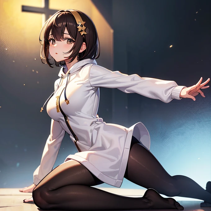 masterpeace, best quality, highres, 1girl, hayasaka ai, solo, brown hair, brown eyes, pixie cut, hair ornament, hair between eyes, large breasts, long sleeves, bangs, white hoodie, black pantyhose,