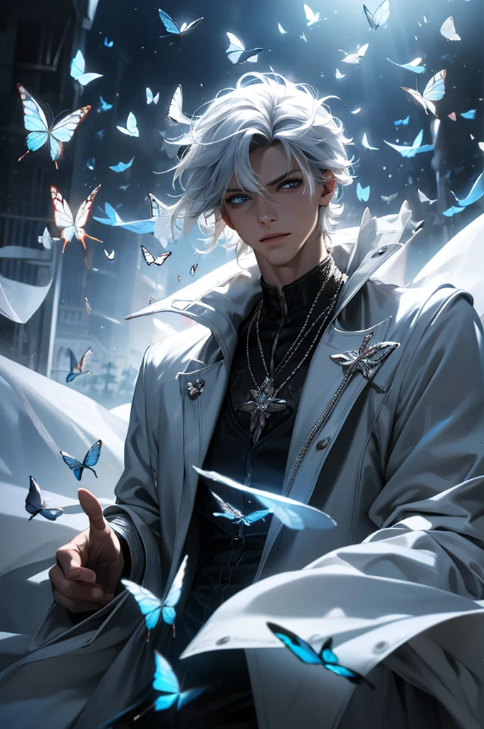 (best quality detailed image beautiful image 8K photorealistic dramatic lighting 1:1) (digital art digital illustration) (camera focused on face) (cold colors dim lighting) 1boy, Snow white hair, Blue eyes, 18 yo, male, magic circle, butterflies, butterflies, high quality, 8k, blue butterflies, butterflies, black shirt, white jacket, black pant, modern clothes, high clarity, ultra clarity, detailed face, detailed eyes, man, potrait, half potrait, boy, full body