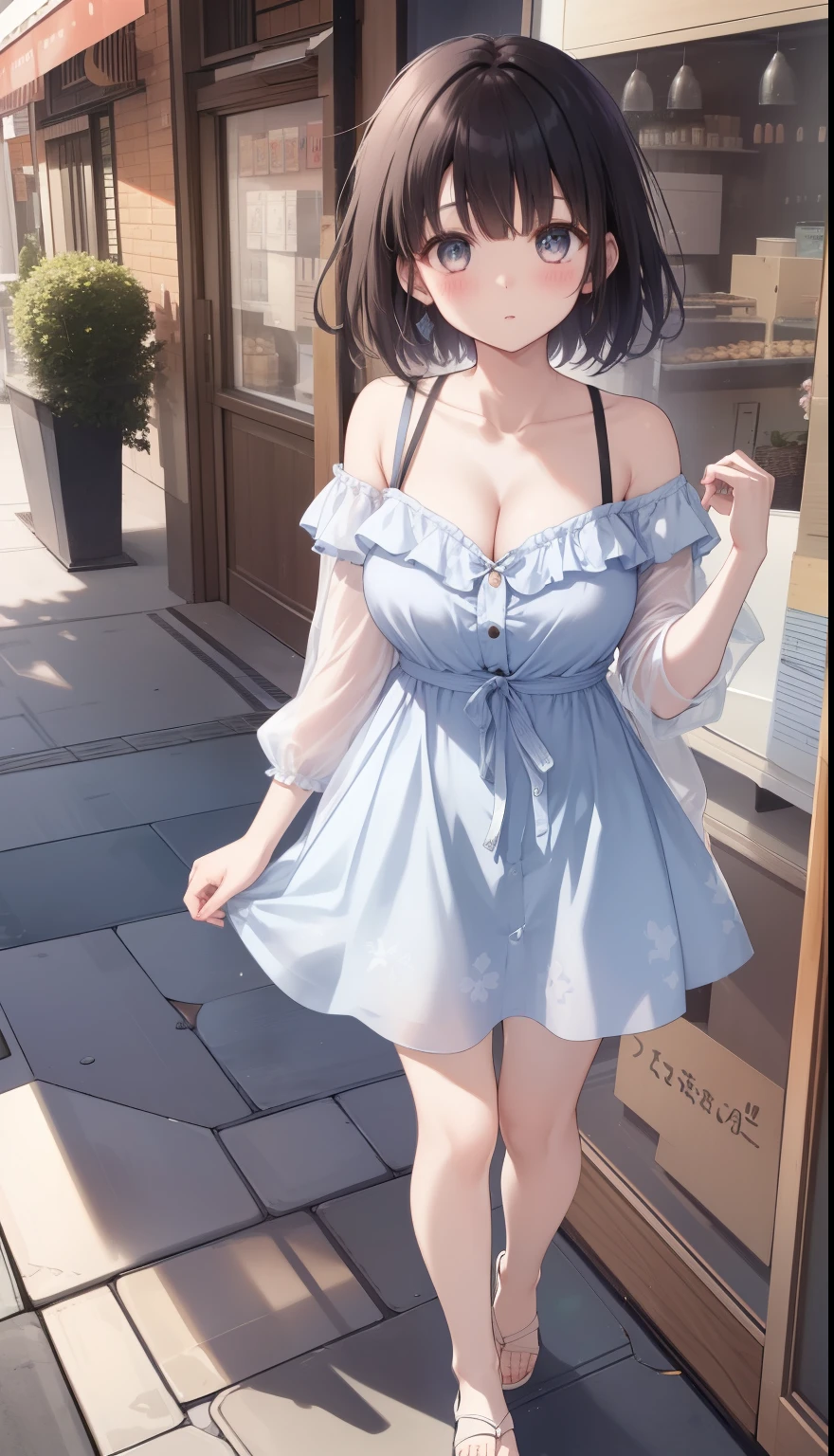 One Girl、positive、Standing posture、Full body portrait、Black Hair、Medium Haircut、blush、Absolute area、No panties、No bra、barefoot、Light blue dress、Off-the-shoulder dress、(Very large breasts)、Cleavage、((Lesbians around the world))、masterpiece、(highest quality)、、White heel sandals、Shirt buttons fly off、Unbutton your shirt、Exposing the breasts、