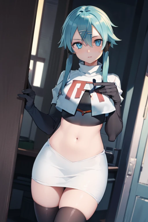 masterpiece, best quality, highres, 1girl, sinon1, hair ornament, hairclip, team rocket,team rocket uniform,white skirt,red letter R,crop top,black thigh-highs,black elbow gloves, BREAK (masterpiece:1.2), best quality, high resolution, unity 8k wallpaper, (illustration:0.8), (beautiful detailed eyes:1.6), extremely detailed face, perfect lighting, extremely detailed CG, (perfect hands, perfect anatomy)