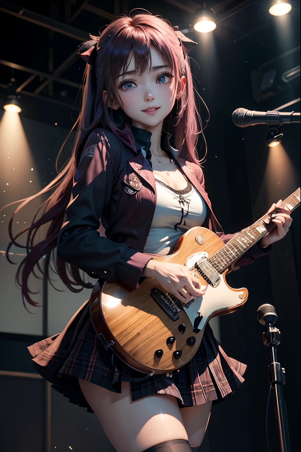 High school girl blazer、 uniform、Red checked knee-length skirt、Long skirt、JK Style、Jacket、smile、Knee-high socks、Thigh-high socks、pantyhose、A superb beauty、Super cute、ennui、Rare beauty、Twin tail hair、Black Dark Eyeshadow、Sad、Good skin glow、Long hair straightener、Dark Gothic Makeup、Dark Smile、Fragrant beauty、Stained glass background、Mastepiece、Best Quality、Refers to 5 books、Sweat glistening on my chest、Sweat glistening on my face、Small breasts、Dark pink hair、Age 22 years old、Slightly slim、Mysterious look、A sad expression、Pink Hair、mysterious gothic church、enchanting castle、Sweating profusely all over the body、A lot of sweat and light on the thighs、Shiny thighs、Plenty of sweat glistening on the thighs、A large amount of sweat glistens on my thighs、Sweating profusely、Gal、Small breasts、japanese face、Alluring expression、Thin thighs、Playing guitar、I have a guitar、Sing a song enthusiastically、Playing guitar in a band、Playing guitar chords、Live House Background、Sing a song、Open your mouth、Live house scenery、Mike stand、Glamorous live stage、
