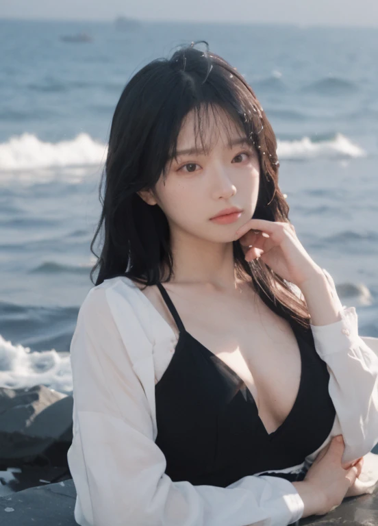 best qualtiy, Ultra-high resolution, (realisticlying:1.4), Royal Sister,(full body1.2)a sense of atmosphere,a beauty girl,sea beach, looking at viewer, closeup cleavage ,(Photorealistic:1.4), 1girl , Sexy body ,(black simple Bra), (Upper body:1.4),(Wet body:1.2), (perfect hand), (perfect fingers), (sexy face)