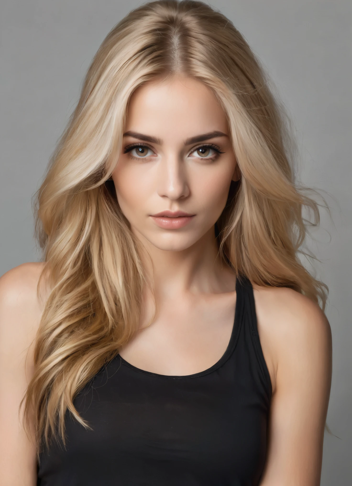 Portrait of a stunning woman with piercing brown eyes and long flowing blonde hair, wearing black tank-top, realistic, intricate details in the clothing and facial features, studio lighting to enhance the depth and realism of the image