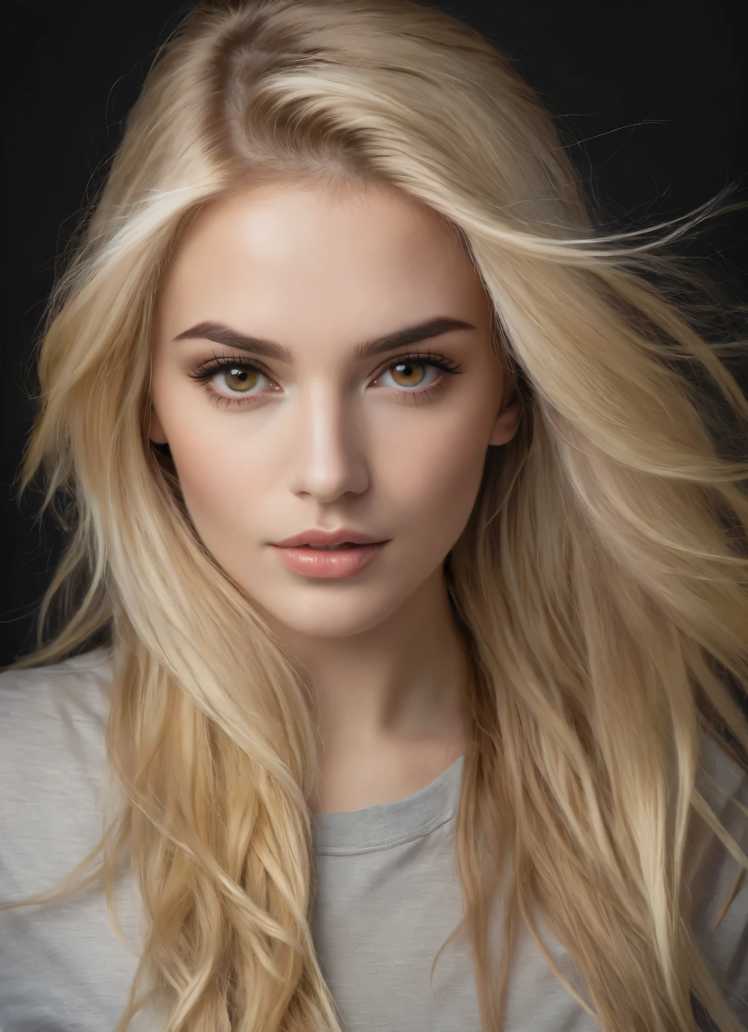 Portrait of a stunning woman with piercing brown eyes and long flowing blonde hair, wearing T-shirt, realistic, intricate details in the clothing and facial features, studio lighting to enhance the depth and realism of the image