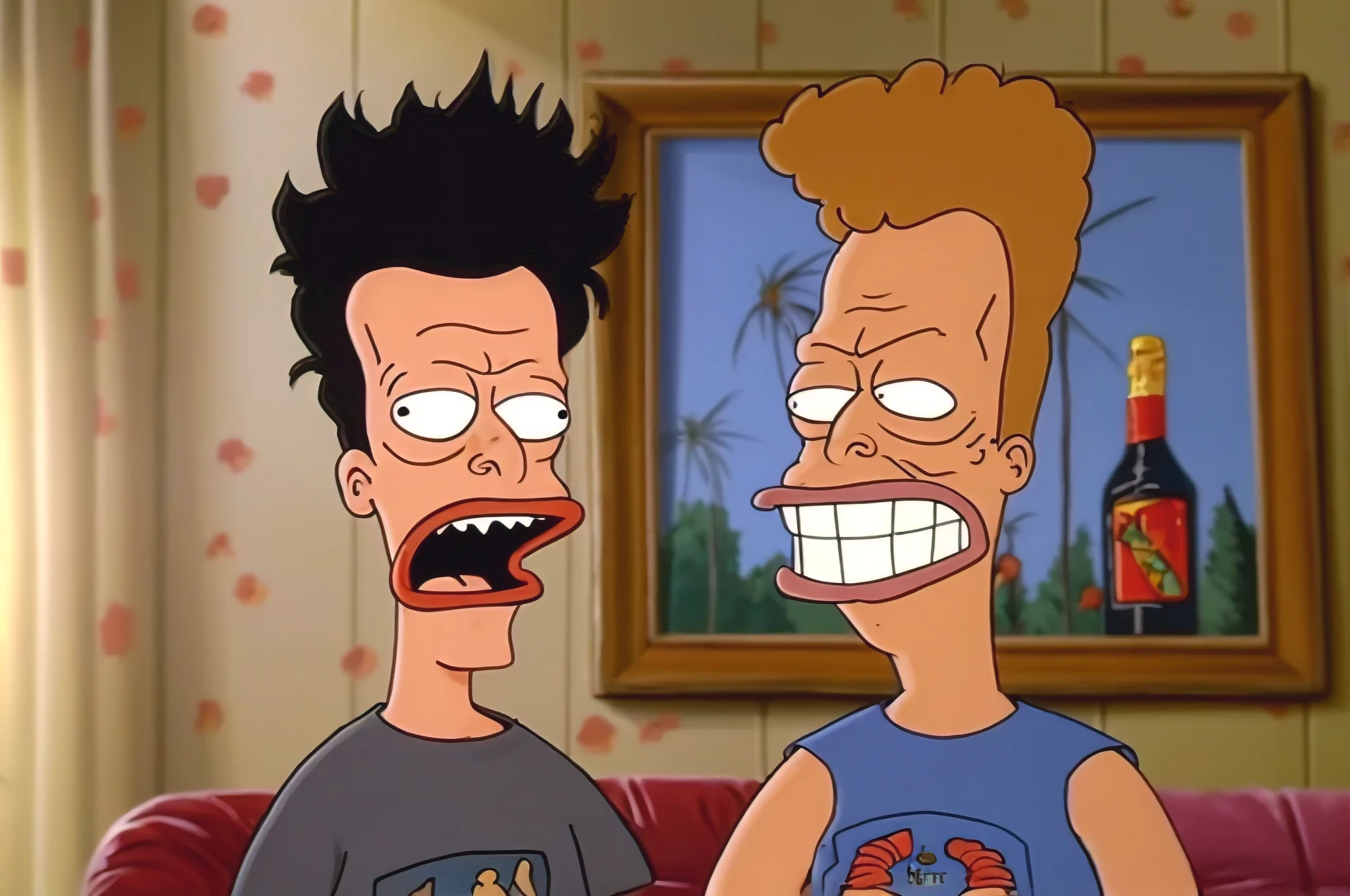 beavis and butthead, 90s cartoon, 2 boys, illustration, cartoon art, 1990s, detailed facial features, expressive expressions, dynamic poses, humorous, vibrant colors, bold lines, exaggerated proportions, saturated palette, dynamic lighting, gritty texture, retro aesthetic