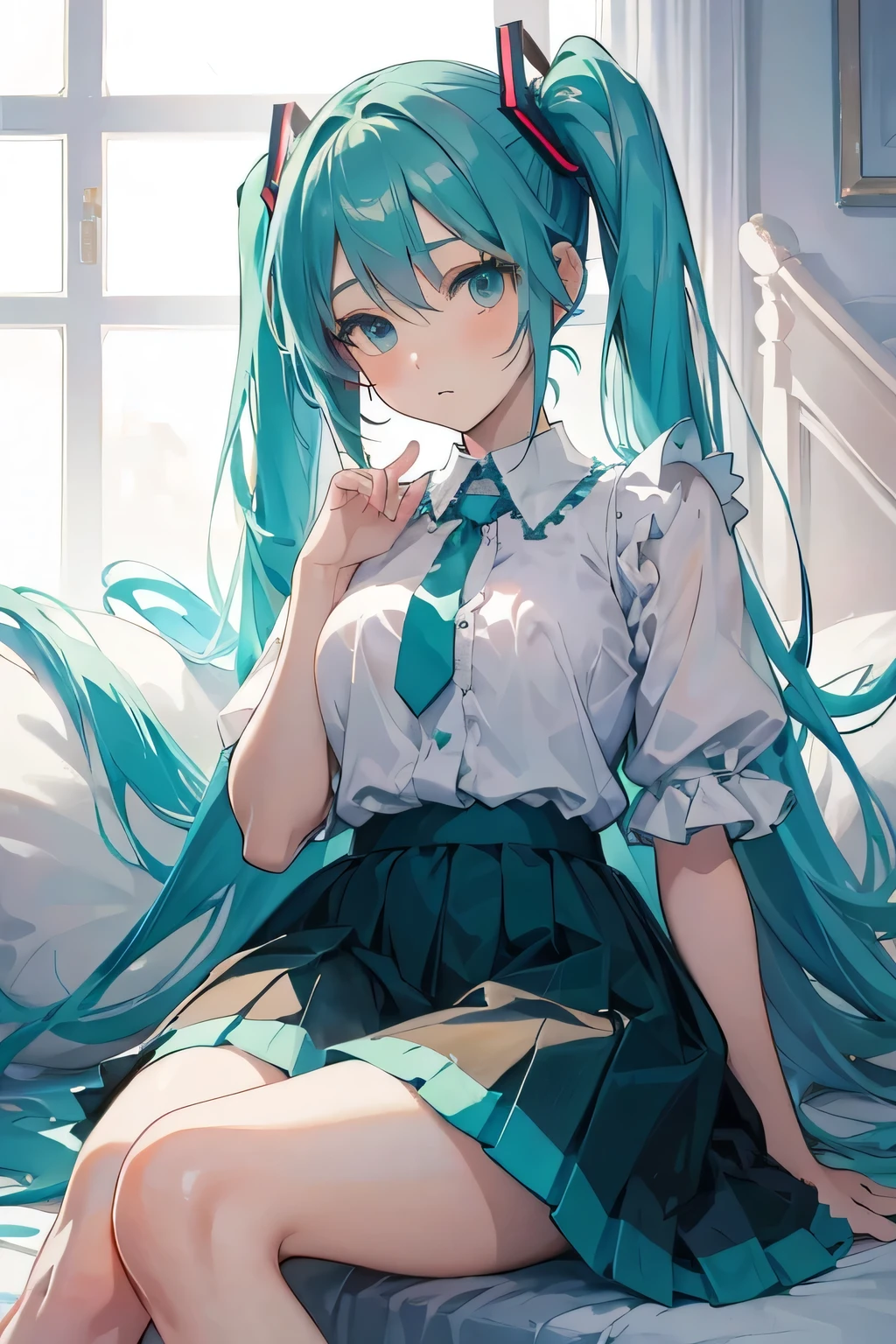 The painting shows a girl in a skirt sitting on a pillow, Lolita in a skirt, , Clear anime silhouette, Anime poses, , Anime Sketch, , Anime style, Posing elegantly in front of you, Twisted posture, Anime cute art style, Wearing a flowing dress,Hatsune Miku,Blue green hair,looking up at you