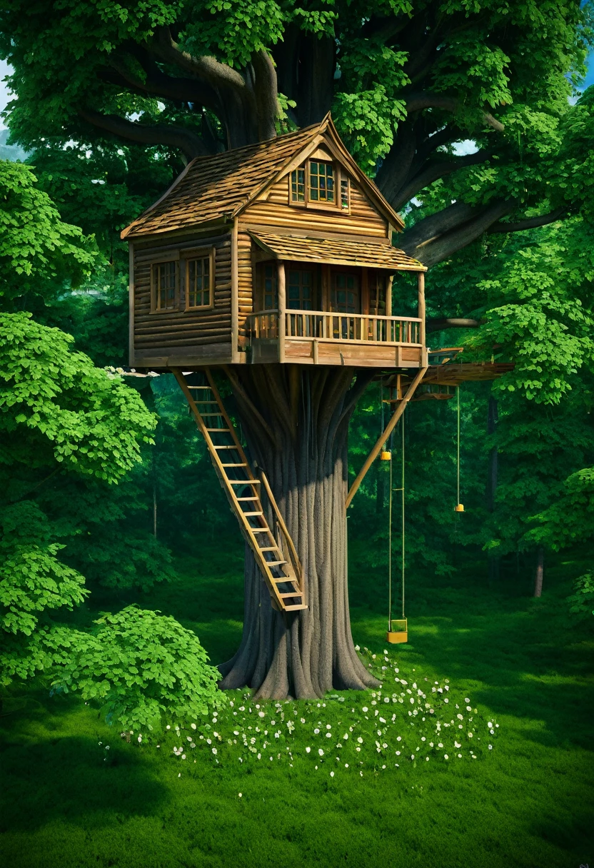 (Pyroxium distribution pattern:0.5), Tree house in the beautiful forest,cinema, (Masterpiece),vivacious
