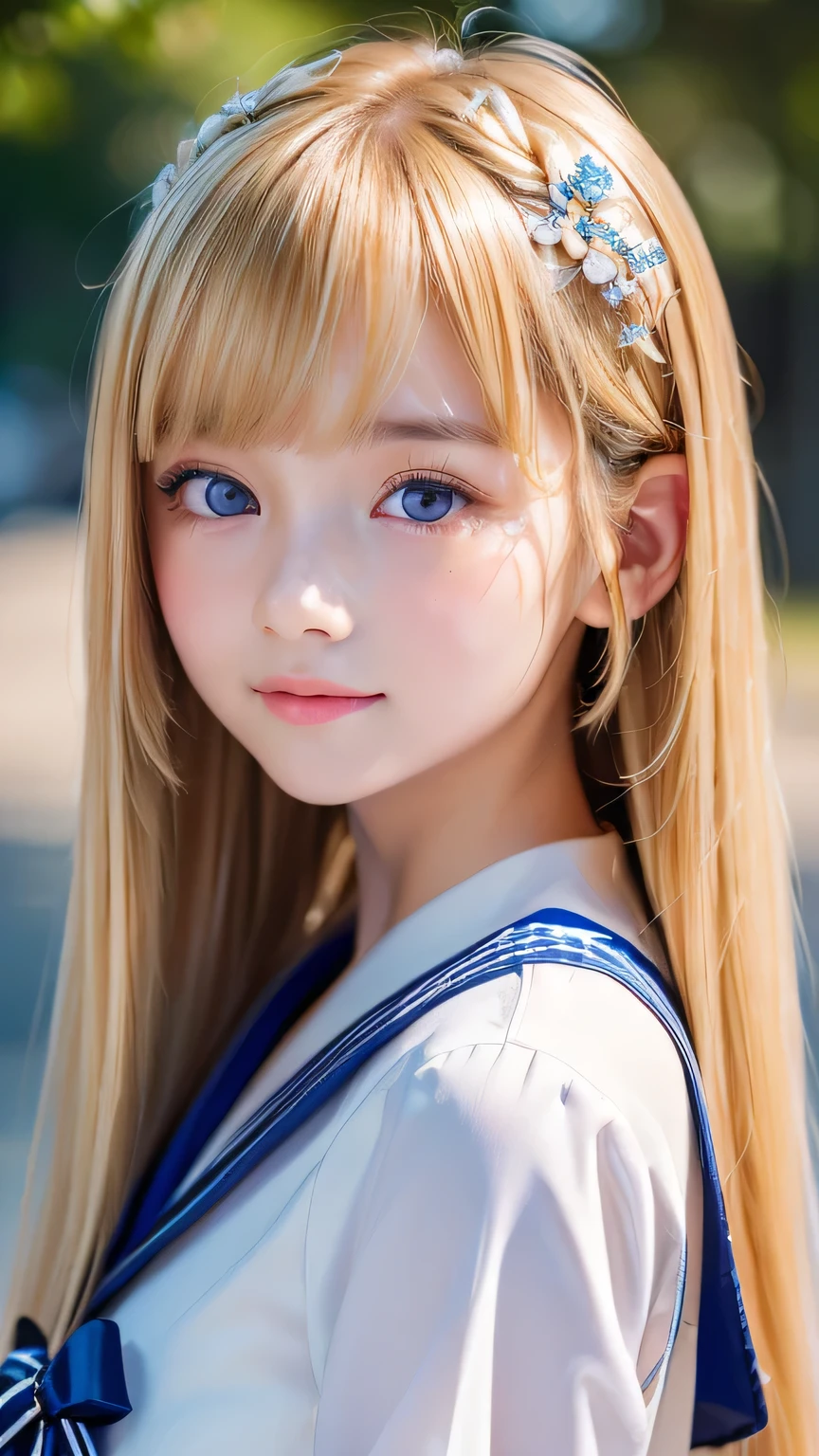 RAW Photos、((((Extremely beautiful portrait)))、(((Bright and fair skin))、1 girl、、Sailor suit、A beautiful 15-year-old girl with bright blonde hair、((Glossy, natural, bright blonde))、Super long straight hair、Beautiful Bangs、[Attractive large bright blue eyes]、Smooth, thin and super long hair、Eyeliner、Hair between the eyes、smile、((masterpiece、最high quality、Ultra Detail、Film Light、Intricate details、High resolution、8k、Very detailed))、Detailed Background、8k UHD、Digital SLR、Soft Light、high quality、Film Grain、Fujifilm XT3、Shallow depth of field、Natural light、(Perfect hands)、Perfect beautiful face、Small Face Beauty、round face、Cheek gloss highlighter