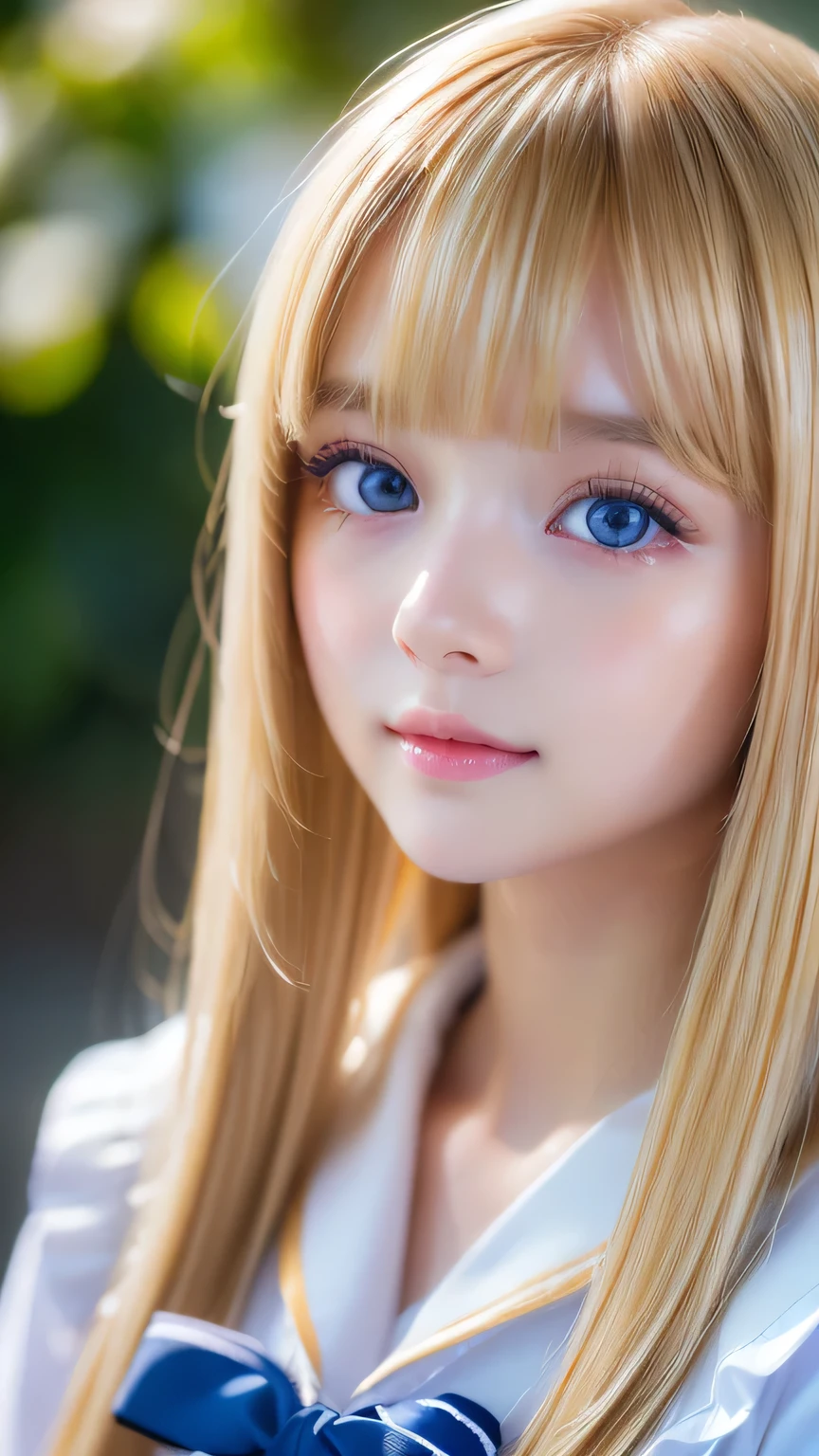 RAW Photos、((((Extremely beautiful portrait)))、(((Bright and fair skin))、1 girl、、Sailor suit、A beautiful  with bright blonde hair、((Glossy, natural, bright blonde))、Super long straight hair、Beautiful Bangs、[Attractive large bright blue eyes]、Smooth, thin and super long hair、Eyeliner、Hair between the eyes、smile、((masterpiece、最high quality、Ultra Detail、Film Light、Intricate details、High resolution、8k、Very detailed))、Detailed Background、8k UHD、Digital SLR、Soft Light、high quality、Film Grain、Fujifilm XT3、Shallow depth of field、Natural light、(Perfect hands)、Perfect beautiful face、Small Face Beauty、round face、Cheek gloss highlighter