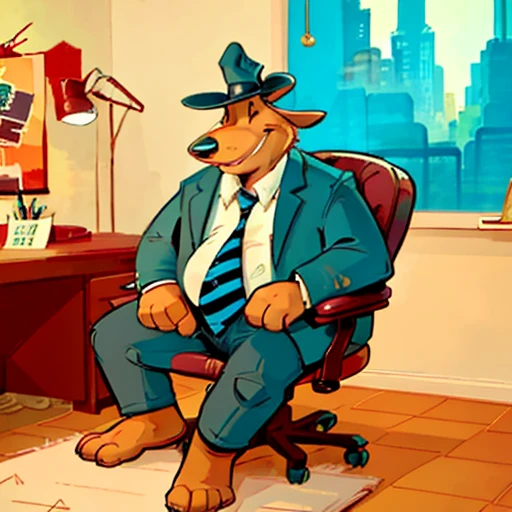 Solo male, sam, dog, tall, stocky body, slightly chubby, mature, long droopy dog ears, black eyes, brown fur, blue grey suit and pants, blue grey hat, blue and black striped necktie, (by dramamine), (hi res, best quality, high quality, detailed, shaded, shading, masterpiece:1.2), detailed clothing, smirk, seductive smile, sitting in office chair