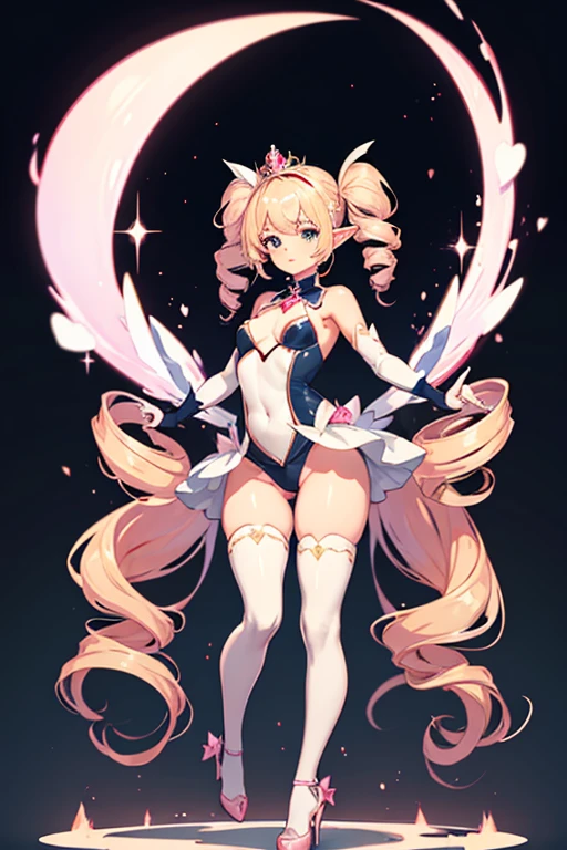 shortstack, , wide hips, elf pointy ears, full body, standing, revealing gloves, drill hair, twintails hairstyle, pink leotard, curvy, blonde hair, white long socks, little crown, high heels, long white gloves, pink ribbons, bikini armor