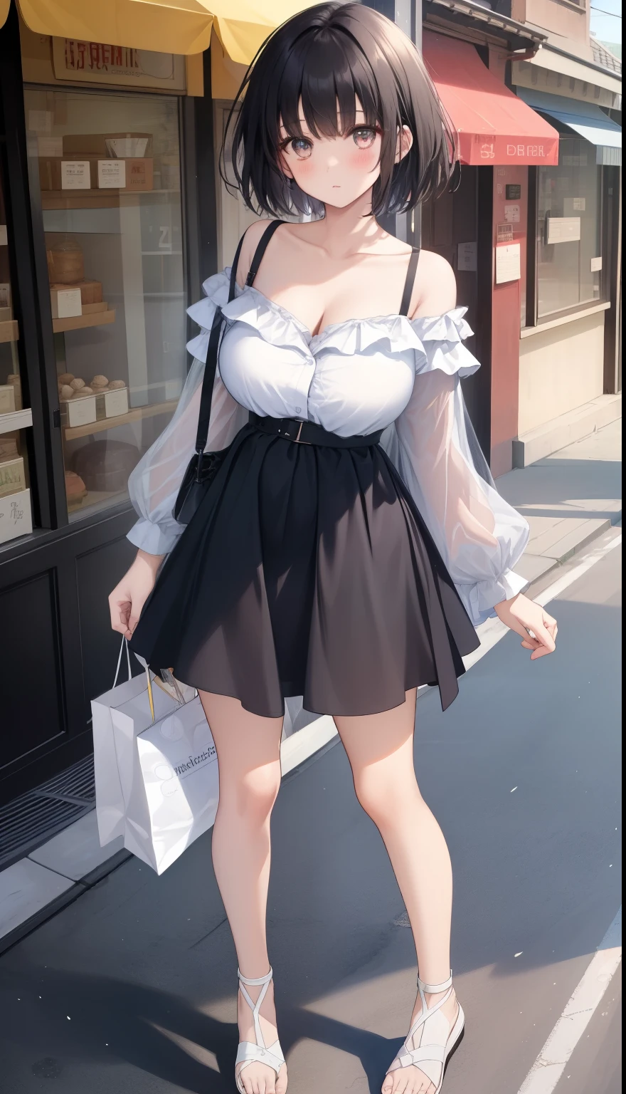 One Girl、positive、Standing posture、Full body portrait、Black Hair、Medium Haircut、blush、Absolute area、No panties、No bra、barefoot、Light blue dress、Off-the-shoulder dress、(Very large breasts)、Cleavage、((Lesbians around the world))、masterpiece、(highest quality) 、Shirt buttons fly off、Unbutton your shirt、Exposing the breasts、In town、Date、Shopping Street、White Sandals、A man stands behind