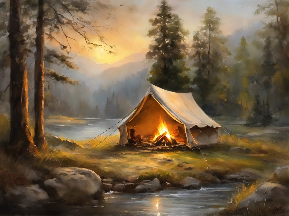 Untouched nature、Under the gentle sunset、(tent and campfire:1.5)、camp site、Lush forest、A meandering river(sunset:1.5)、evening、Dramatic lighting、Breathtaking cinematic natural scenery、Very detailedなドローン空撮写真(highest quality、8k、High resolution、masterpiece: 1.2)、Very detailed、(Genuine、Realistic、Realistic: 1.37)