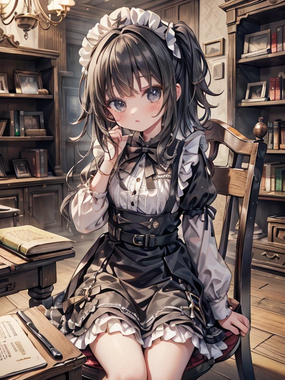 masterpiece, highest quality, Very detailed, 16k, Ultra-high resolution, Cowboy Shot, Detailed face, Perfect Fingers, A 14-year-old girl, black eye, Black Hair, Wavy Hair, Black maid outfit, Luxurious Western-style building, Bookshelf, Table seating, Chair, Tea making facilities, Chairに座って本を読む, des3rt4rmor, SZ_4po enviroment
