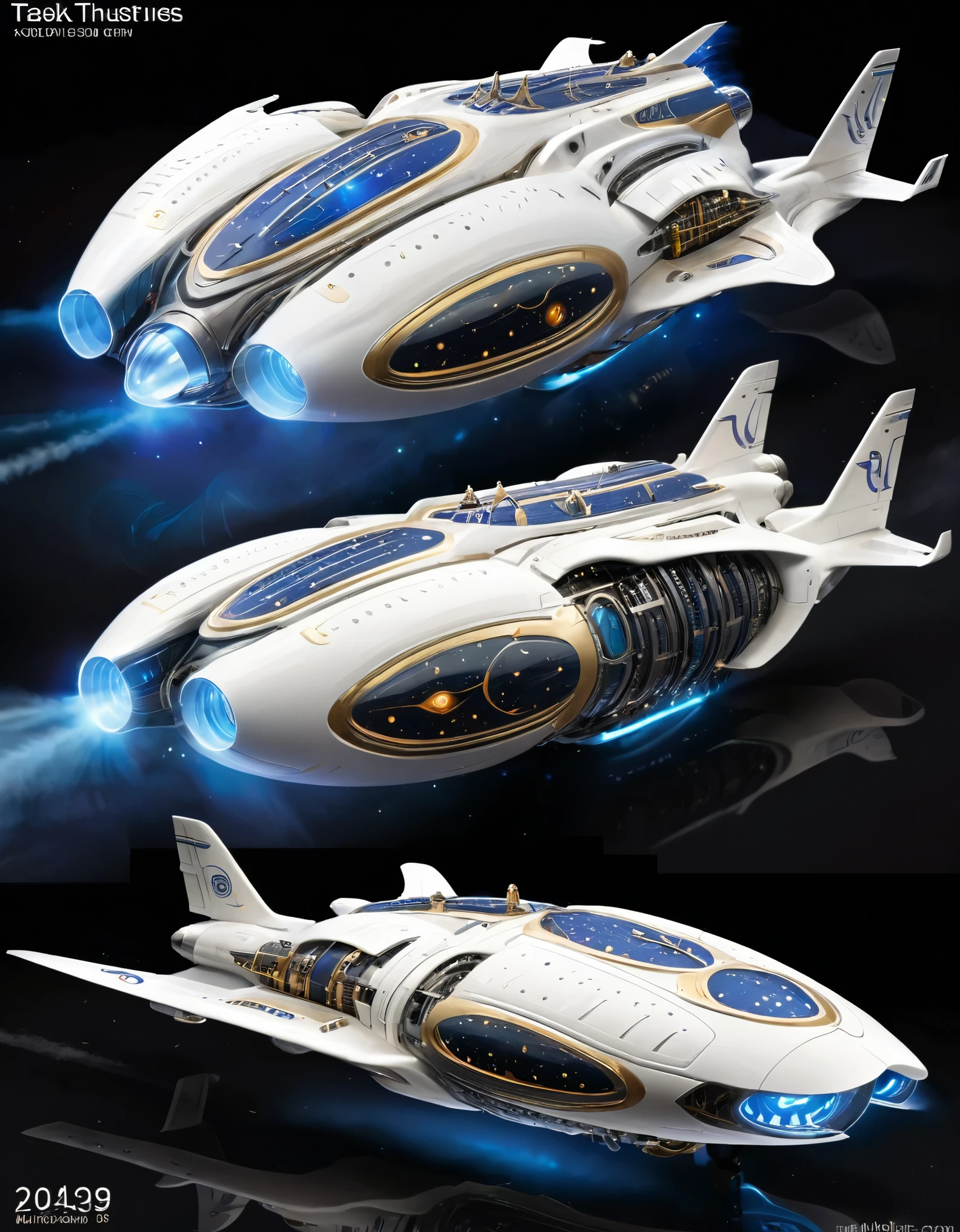 Create a highly detailed and futuristic spacecraft with a sleek, aerodynamic design. The spacecraft features a long, central fuselage with a streamlined nose and multiple illuminated windows, suggesting an advanced, spacious interior. The wings are distinctively curved, forming a near semi-circle around the central body, giving it a dynamic and modern look. Each wingtip has large, glowing blue thrusters with intricate grill patterns, and additional engine-like structures mounted on top, emitting a subtle glow. The spacecraft is predominantly white with blue accents, showcasing a clean and sophisticated appearance. The hull has subtle paneling and markings, including logos and text, adding to its realism. Place the spacecraft against a dark, empty background to highlight its design and features.