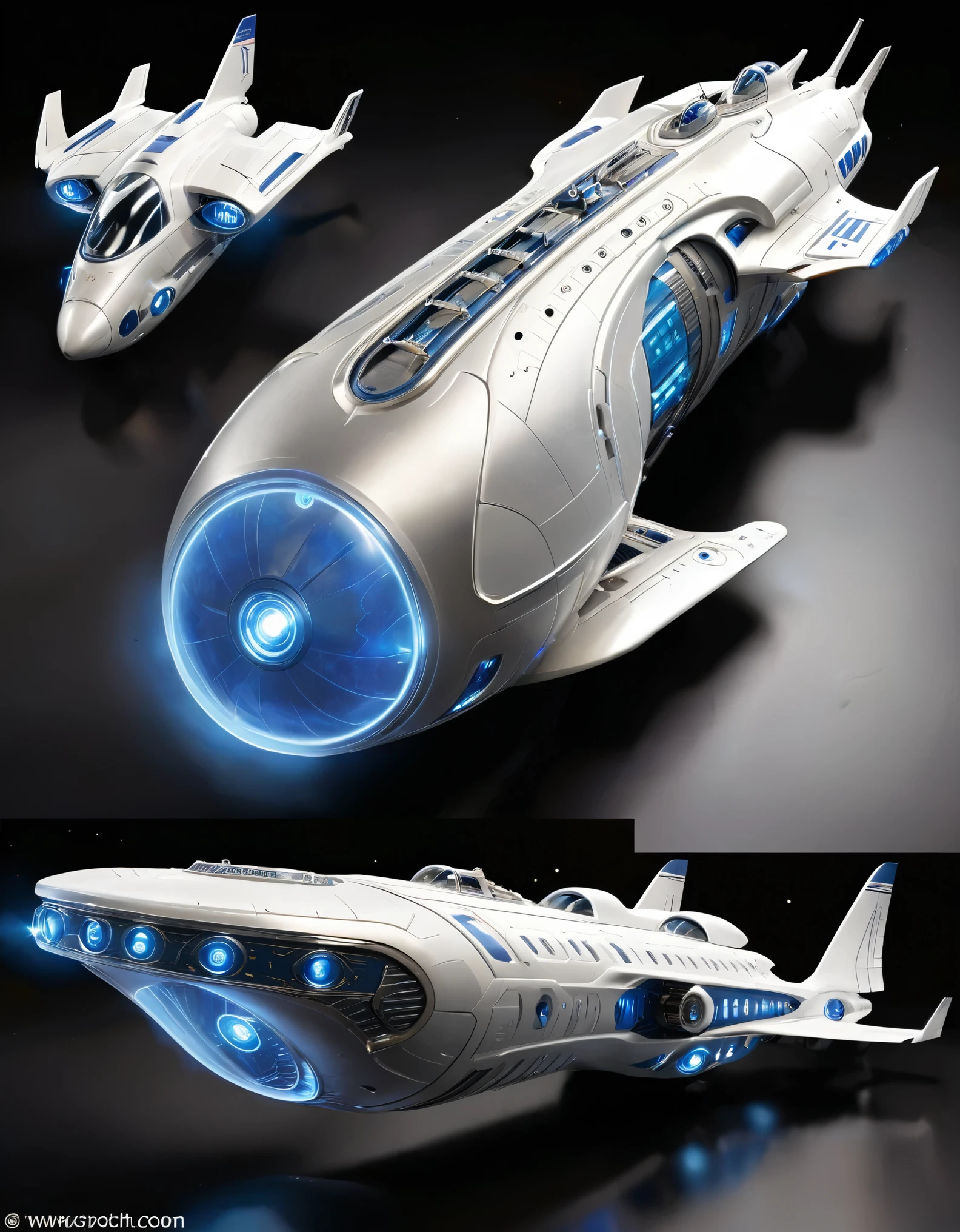 Create a highly detailed and futuristic spacecraft with a sleek, aerodynamic design. The spacecraft features a long, central fuselage with a streamlined nose and multiple illuminated windows, suggesting an advanced, spacious interior. The wings are distinctively curved, forming a near semi-circle around the central body, giving it a dynamic and modern look. Each wingtip has large, glowing blue thrusters with intricate grill patterns, and additional engine-like structures mounted on top, emitting a subtle glow. The spacecraft is predominantly white with blue accents, showcasing a clean and sophisticated appearance. The hull has subtle paneling and markings, including logos and text, adding to its realism. Place the spacecraft against a dark, empty background to highlight its design and features.