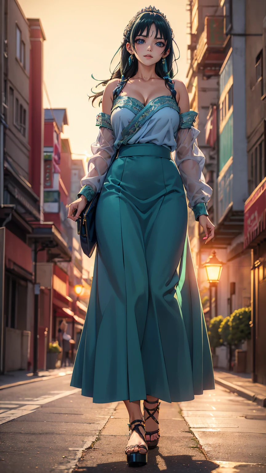 ((Best quality)), ((masterpiece)), (anime), a beautiful sexy woman walking in a long skirt, a blouse and platform high heels, blue eyes, green hair, smooth skin, cleavage, ((full body)), smile, shoulders exposed, anime, green eyes, maomao, Under street lights, ((Sunset Dusk)), (((park))), curvu body,