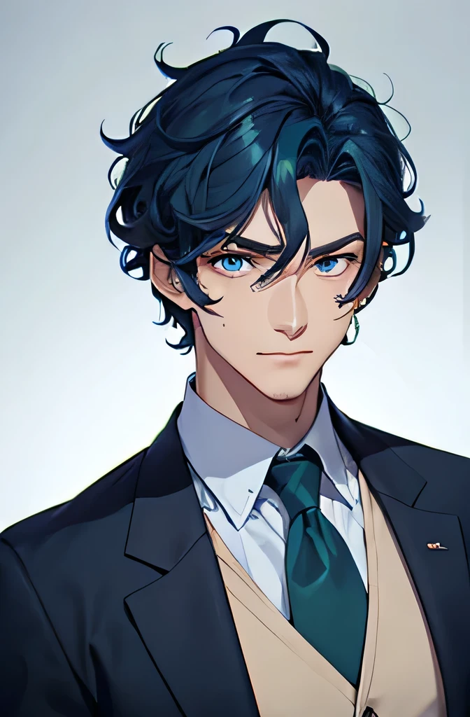 Tall strong man that looks lika a history professor has heterocromia blue and green eyes and curly dark royal blue hair