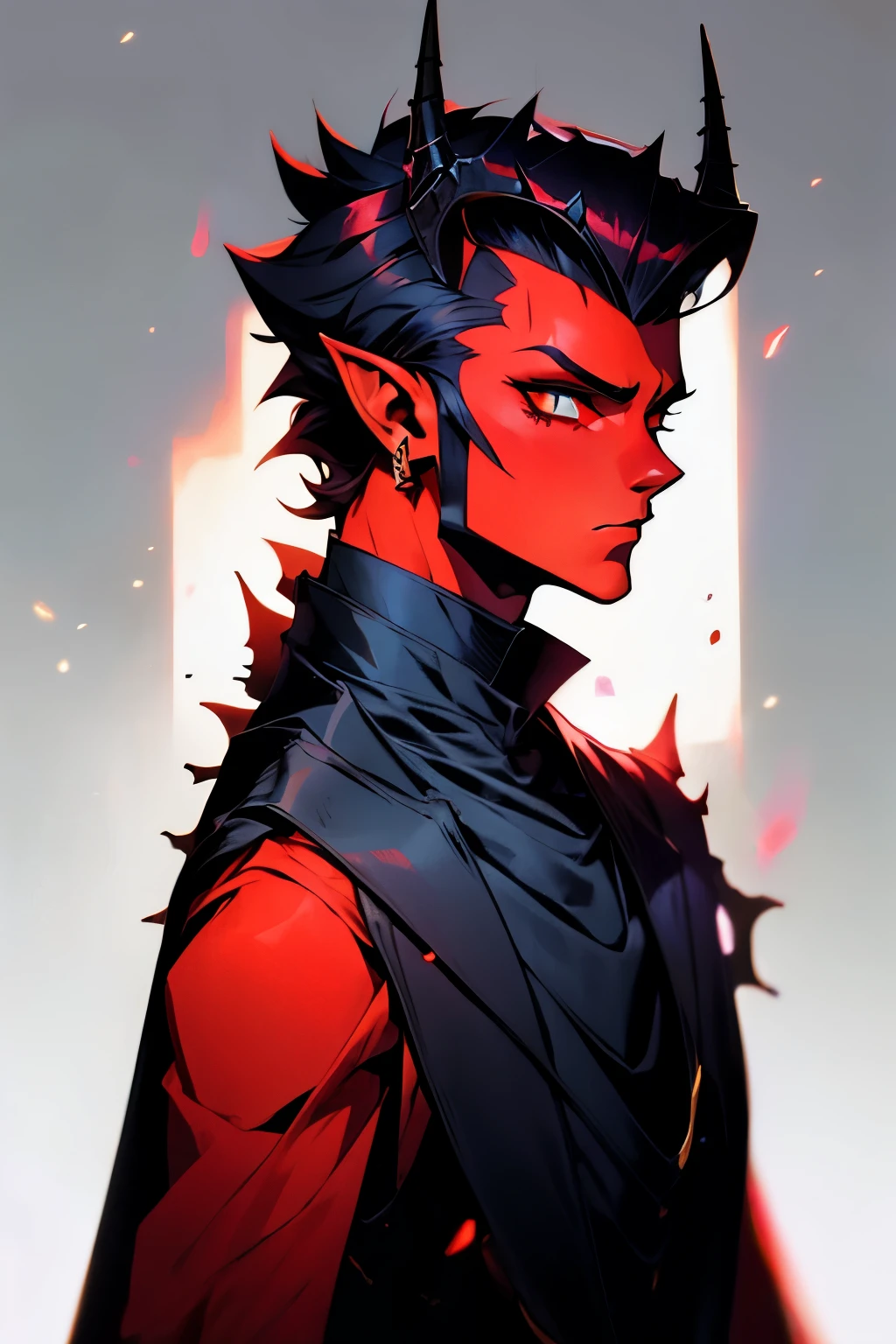 Tiefling d&d ref sheet, black, anime spiky, slick back short hair, half mask. tsundere goth vibe, long curly horns, black sclera and red bright eyes, gold piercings, noble feel, ad like, rpg character art, profile art, using fur collar, half lower mask, Red skin, ANIME facing forward with a symmetrical face