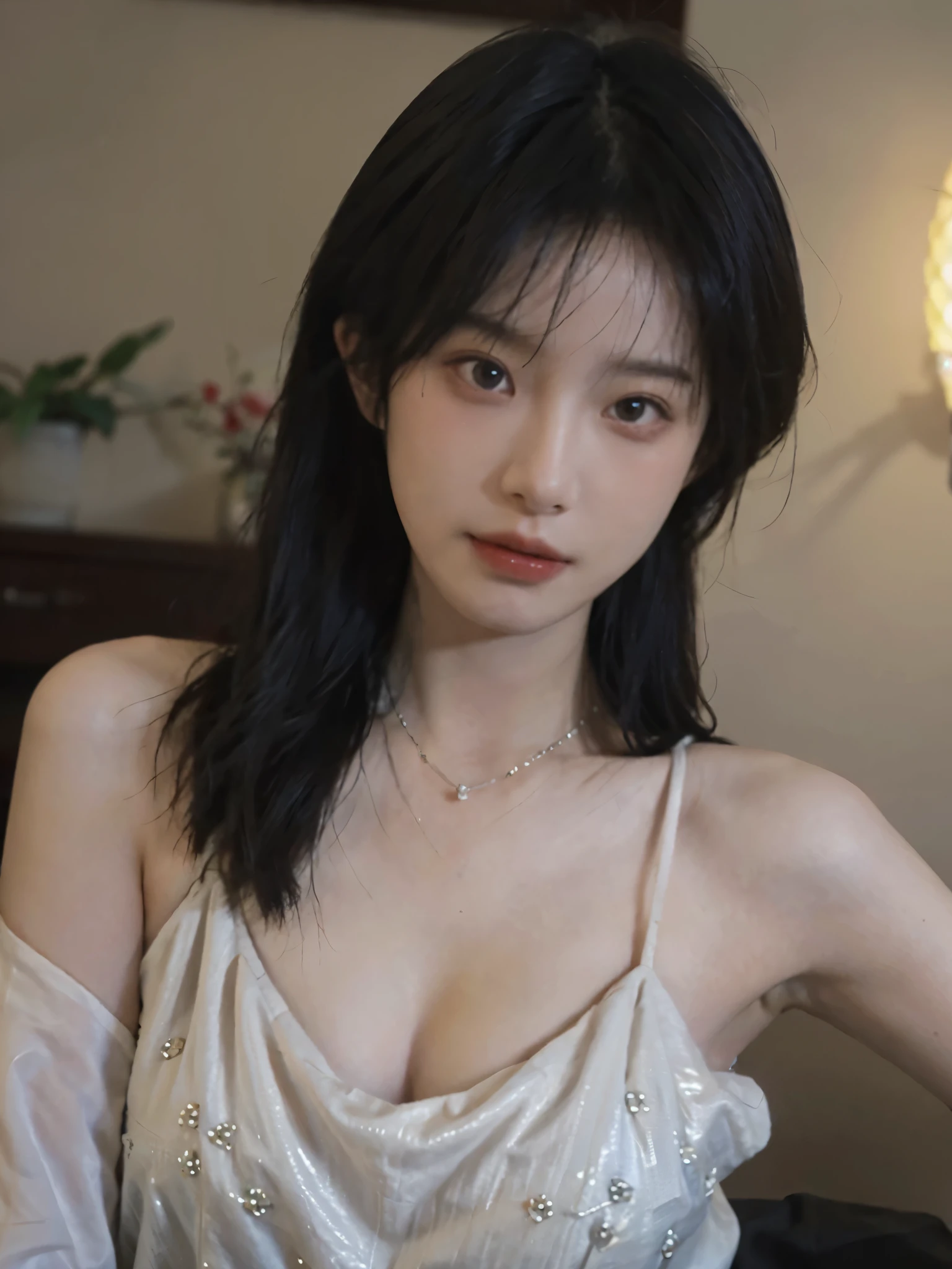 Film portrait photography, 2 girls, Bare shoulders,Lipstick，（flat chest：1.4）， Wear a necklace，Cute expression,Exquisite makeup，Red suspenders，serene, calm, (Realistic and detailed eyes, Natural skin texture, Realistic facial details), Big breasts：1.6，Big Breasts，Soft dramatic lighting, Depth of Field, Bokeh, Vibrant details, Detailed and detailed, Surreal, 35mm film, hazy, ,