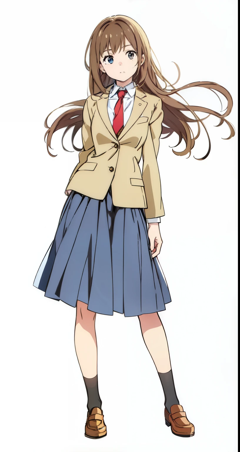 (white background:1.0), (best quality:1.0), (masterpiece:1.0), (super fine illustration:1.0), (beautiful artwork:1.0), (anime screencap:1.0), (official art:1.0), (full body:1.0), (solo:1.0), (HSGα:1.0), (a 18yo cute girl:1.0), (long skirt:1.2), (dark blue skirt:1.0), (pleated skirt:1.0), (school uniform beige blazer:1.0), (red necktie:1.0), (loafers:1.0), (black socks:1.0), (ideal ratio body proportions:1.2), (lanky:1.2), (tall:1.2), (slender:1.2), (small breasts:1.2), (smaller face:1.2), (tareme:1.0), (detailed beautiful eyes:1.0), (detailed beautiful face:1.0), (glowing black eyes:1.0), (long hair:1.0), (brown hair:1.0), (standing:1.0), (looking at viewer:1.0)