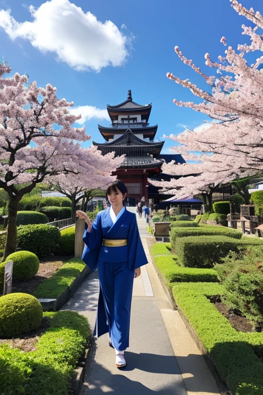 Kagoshima prefecture　Sakurajima　Fairy Garden　A woman wearing a kimono　Blue sky　Many tourists pass by