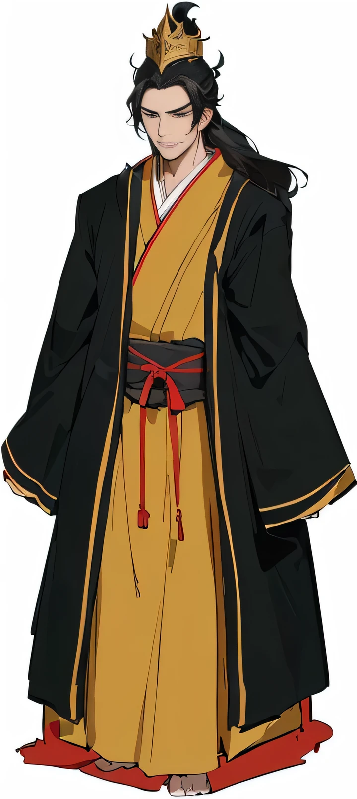 Cartoon image of a man wearing a robe and black hat, wearing Flowing robe, Long flowing hair and robes, ((wearing noble robes)), wearing dark robe, Wearing flowing robes, Flowing robe, Warring States period art style, Wearing a black robe, Inspired by Toshusai Sharaku, Wearing a dark robe with gold trim