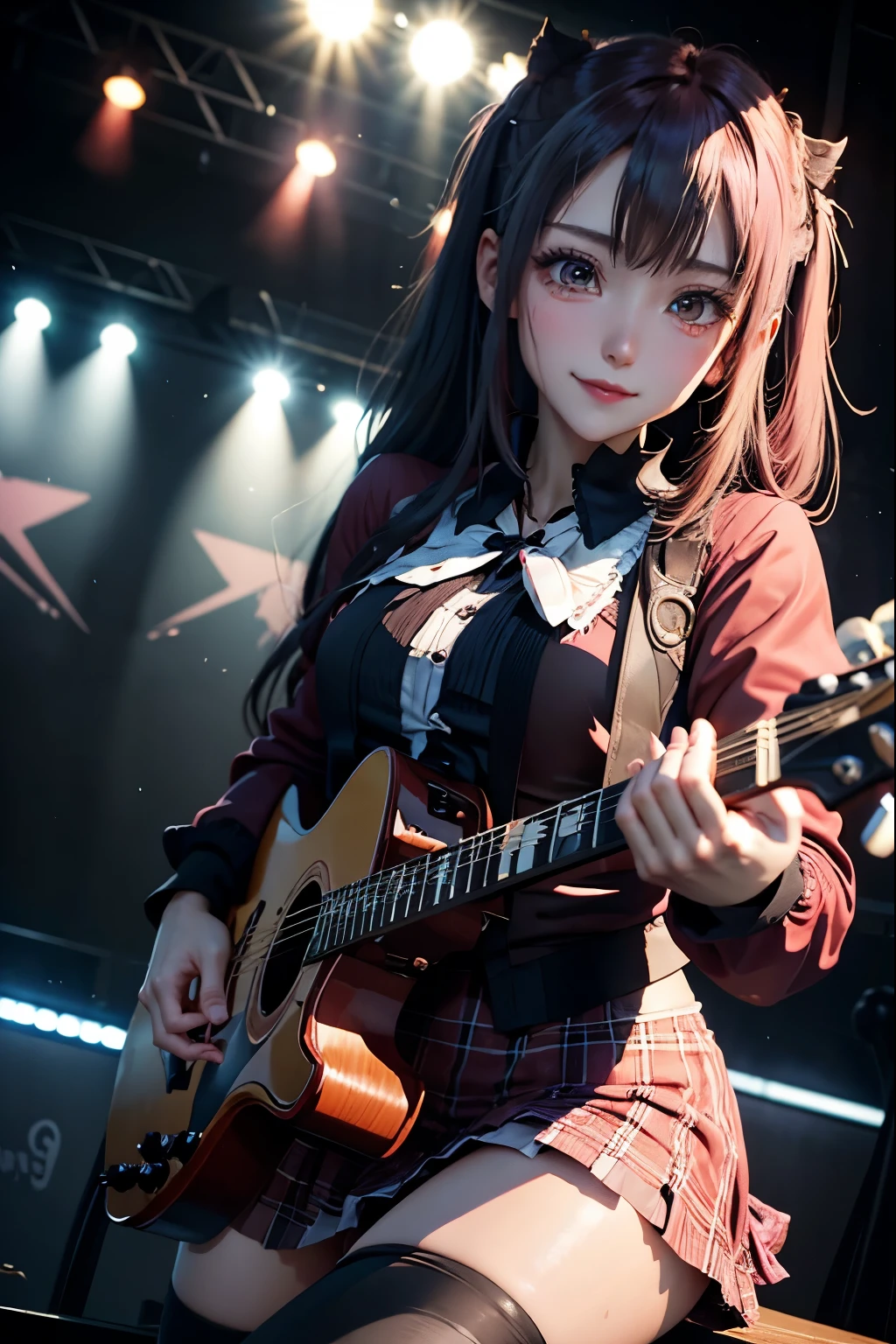 High school girl blazer、 uniform、Red checked knee-length skirt、Long skirt、JK Style、Jacket、smile、Knee-high socks、Thigh-high socks、pantyhose、A superb beauty、Super cute、ennui、Rare beauty、Twin tail hair、Black Dark Eyeshadow、Sad、Good skin glow、Long hair straightener、Dark Gothic Makeup、Dark Smile、Fragrant beauty、Stained glass background、Mastepiece、Best Quality、Refers to 5 books、Sweat glistening on my chest、Sweat glistening on my face、Small breasts、Dark pink hair、Age 22 years old、Slightly slim、Mysterious look、A sad expression、Pink Hair、mysterious gothic church、enchanting castle、Sweating profusely all over the body、A lot of sweat and light on the thighs、Shiny thighs、Plenty of sweat glistening on the thighs、A large amount of sweat glistens on my thighs、Sweating profusely、Gal、Small breasts、japanese face、Alluring expression、Thin thighs、Playing guitar、I have a guitar、Sing a song enthusiastically、Playing guitar in a band、Playing guitar chords、Live House Background、Sing a song、Open your mouth、Live house scenery、Mike stand、Glamorous live stage、Dynamic Angle、