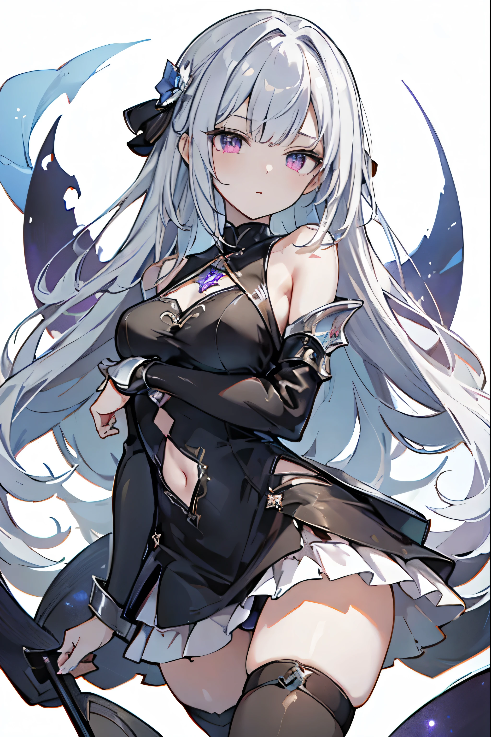 1girl, anime, cute girl, blank background, white background, fantasy, detailed fantasy dress with highlights, beautiful face, beautiful eyes, dark colors, black hair with multicolor streaks, red eye with different color pupil in eye, multicolor eye, medium breasts, slight cleavage, beautiful skin, cute, breast curtains, extremely delicate and beautiful, (beautiful detailed face:1.0), (detailed deep eyes), symmetrical breasts, deep eyes, shiny skin, portrait, slender waist, hips wider than shoulders, thighs, expressionless, young girl, luminous eyes, adorable,(Kpop idol),(aegyo sal:1),(Platinum blonde hair:1),((puffy eye)),Black panty,sexy posture,Superskirt, Ultra-high resolution,Black collar,slim figure, Abdominal y tattoo, womb tattoo,Tight-fitting leg ring,y tattoo on half-body,Bare skin, Armored hand,Hidden fingertips,Hand covered,Arm covered,Fist covered,{{beautiful detailed fingers}}, tufts of hair, moderate beautiful breast:1.0,(masterpiece:1.2), best quality, high-res, HDR, perfect face, intricate armor, delicate blue filigree, intricate filigree, red metalic parts, detailed part, dynamic pose, dynamic lights, cute face, neutral expression, shuimobysim, lotus, hanfu, maxi skirt, dress conservatively 1girl, solo, long blue hair, standing, One lady,14years,((White hair) ,(Shiny purple bodysuit with microskirt),((Fantasy, Moon Night)), gradient_eyes,