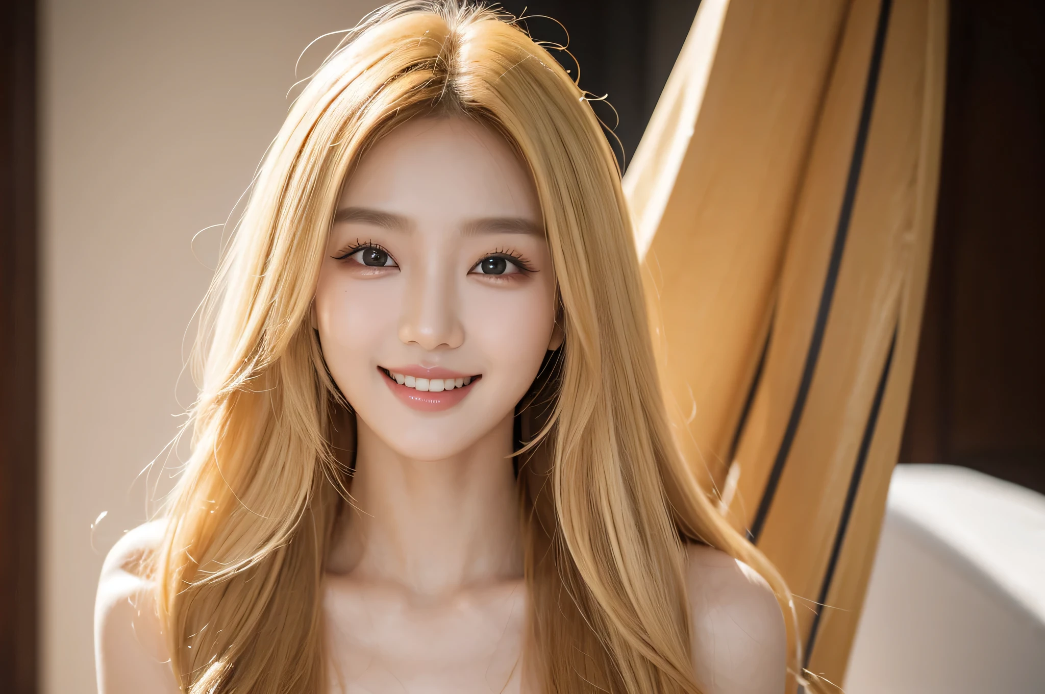 Korean, beauty, K-pop, long hair, Portraiture, actress, model, Idol, one person, Delicate and highly functional, High resolution, smile, teeth, Studio shot, lighting, Blonde