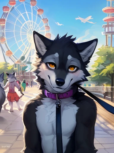 , ((( hands up to chest, (( showing off his new collar and leash to viewer,rampageDanny a anthropomorphic black, grey, and white male wolf with summer clothing at a broad walk with a Ferris wheel in the background on a hot sunny dayDanny a anthropomorphic black, grey, and white male wolf with summer clothing at a broad walk with a Ferris wheel in the background on a hot sunny day very romantic look and pose))) , big chest , day, , sensual, detailed, uploaded to e621, beautiful and detailed portrait of an anthropomorphic , (((male))) uploaded to e621, zaush, foxovh, movie lighting, thicc, alone, detailed, 8k res, hires, detailed eyes, good anatomy, good perspective, towards viewer, by bebebebebe, by sicklyhypnos, by gerkk, by orf, nice hands, perfect hands, happy, romantic, ray tracing lighting, rtx on, By Bebebebebe, by SpiritD, by KOBITOWANI, b est quality, masterpiece, perfect anatomy, detai led picture)), 1femboy, , sexy body, fluffy tail, shy, horny, romantic, up close, wearing not a single bit of clothing, huge thighs,