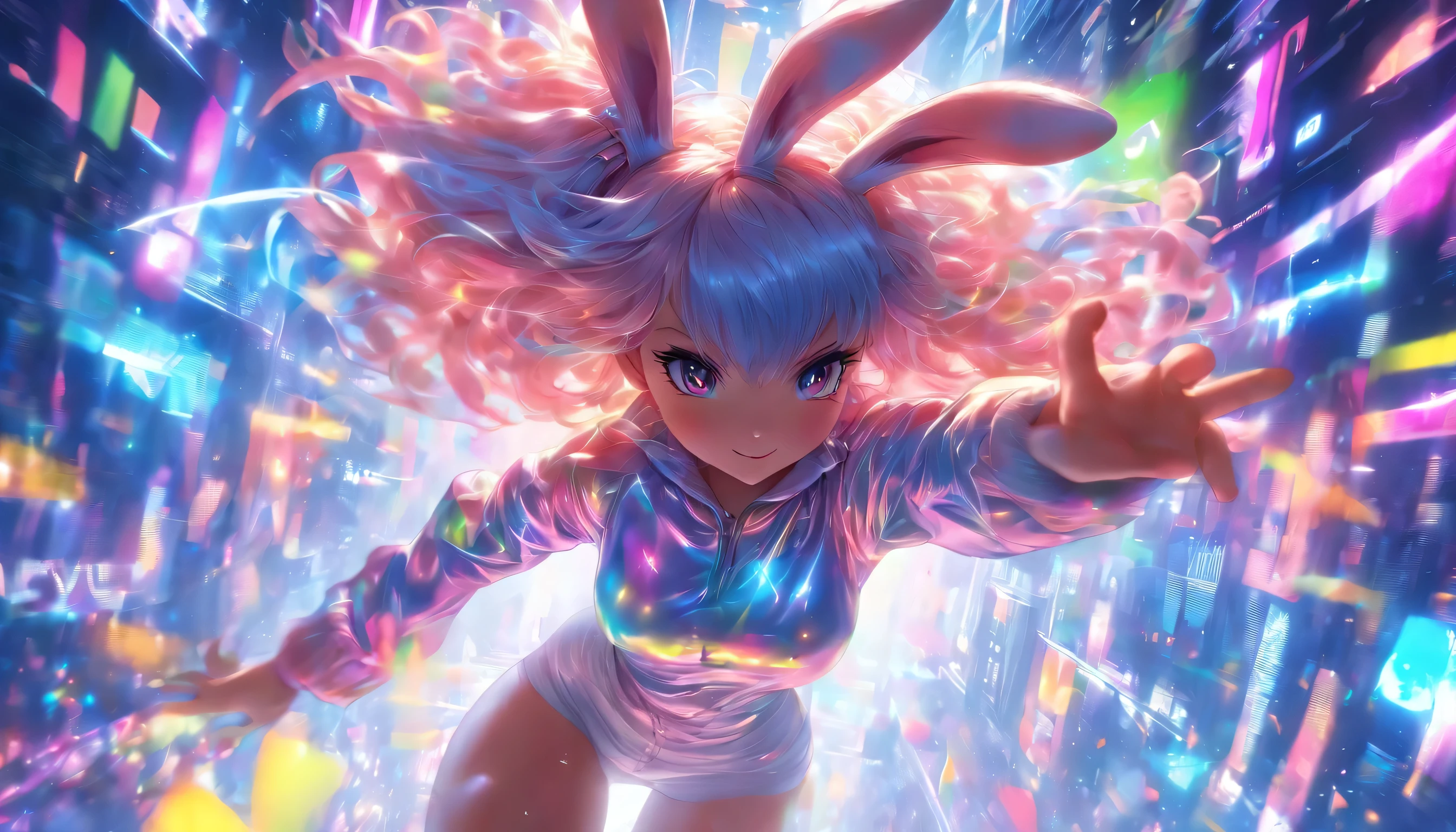 Transparent color PVC clothing, Transparent colorful vinyl Bunny girl, Prismatic, Holographic, chromatic aberration, Fashion Illustration, masterpiece, DJ Girl, View Viewer, 8k, Super detailed, Pixiv、((Colorful Hair))、Wearing headphones、((Full Body))、((Strike a Pose))、((Bunny girl))、(((Long legs)))、((Big Breasts))、(((Very sexy)))