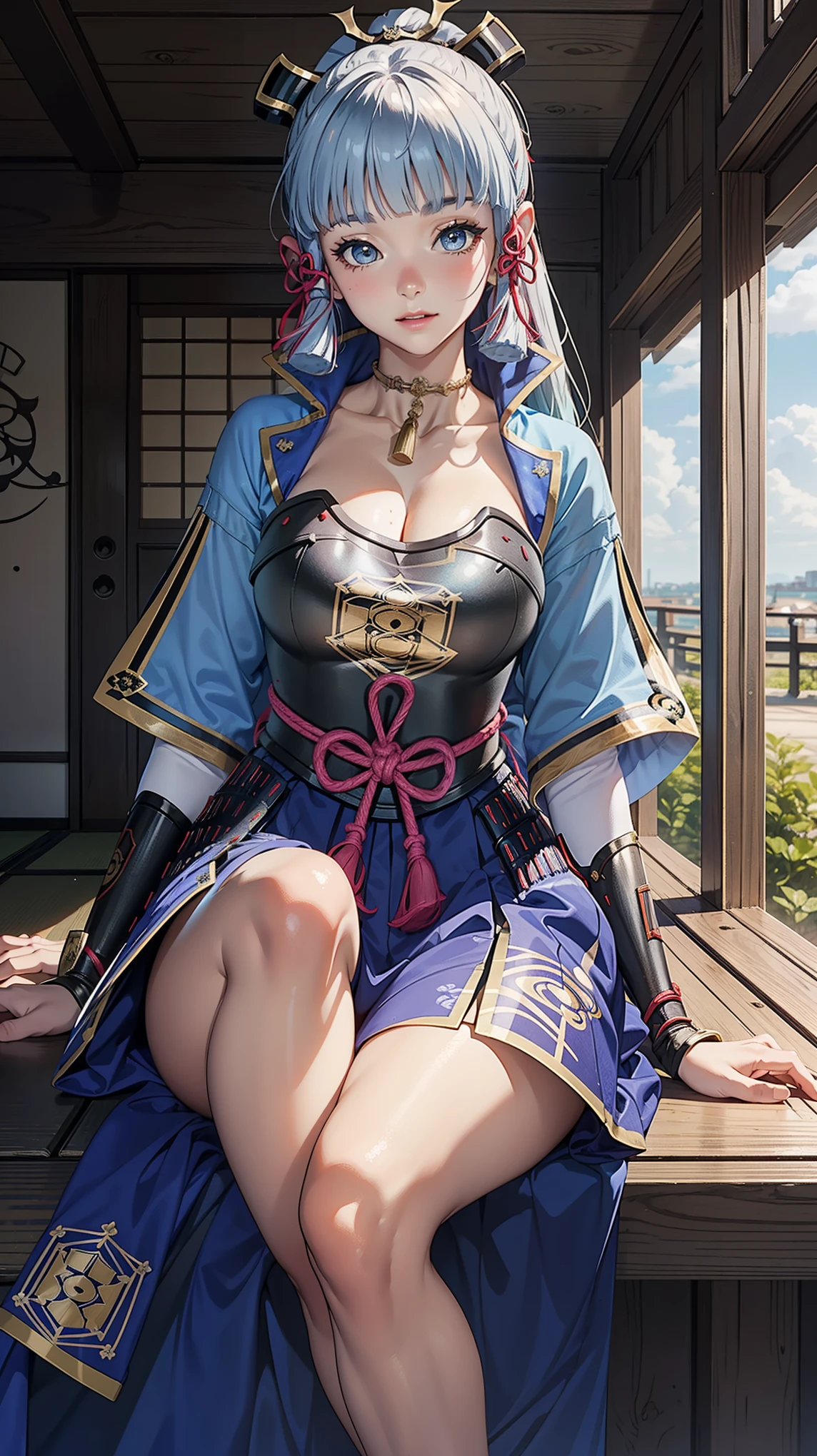 Solo,(kamisatoayakadef),masterpiece,huge breast, indoor, looking at viewer, detail eyes, detail face, (sitting), smile,(detailed face), dynamic view, full body