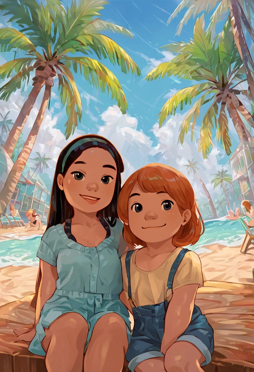 rating_safe, family photo, many different characters in lora, palm trees, looking at viewer, score_9, score_8_up, score_7_up, score_6_up, score_5_up, score_4_up