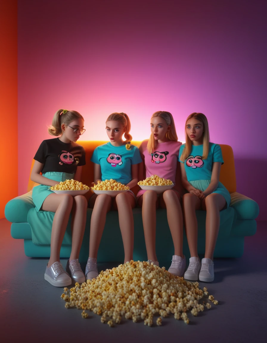 in style of 90s cartoon, The Powerpuff Girl, cartoon, 3girls, Blossom (pink), Bubbles (blue), and Buttercup (green)., watching tv, popcorn, laboratory, colorfulmasterpiece, best quality, amazing quality, very aesthetic, absurdres, best shadow, best lightning, score_9, score_8_up, score_7_up, cute face, spongebob, dora the explorer, my little pony, multiple character