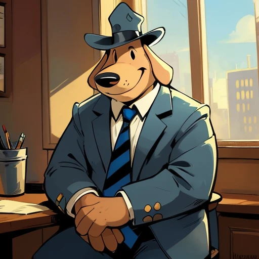 Solo male, sam, dog, tall, stocky body, slightly chubby, mature, long droopy dog ears, black eyes, brown fur, blue grey suit and pants, blue grey hat, blue and black striped necktie, (by dramamine, by haps), (hi res, best quality, high quality, detailed, shaded, shading, masterpiece:1.2), detailed clothing, smirk, seductive smile, sitting in office chair